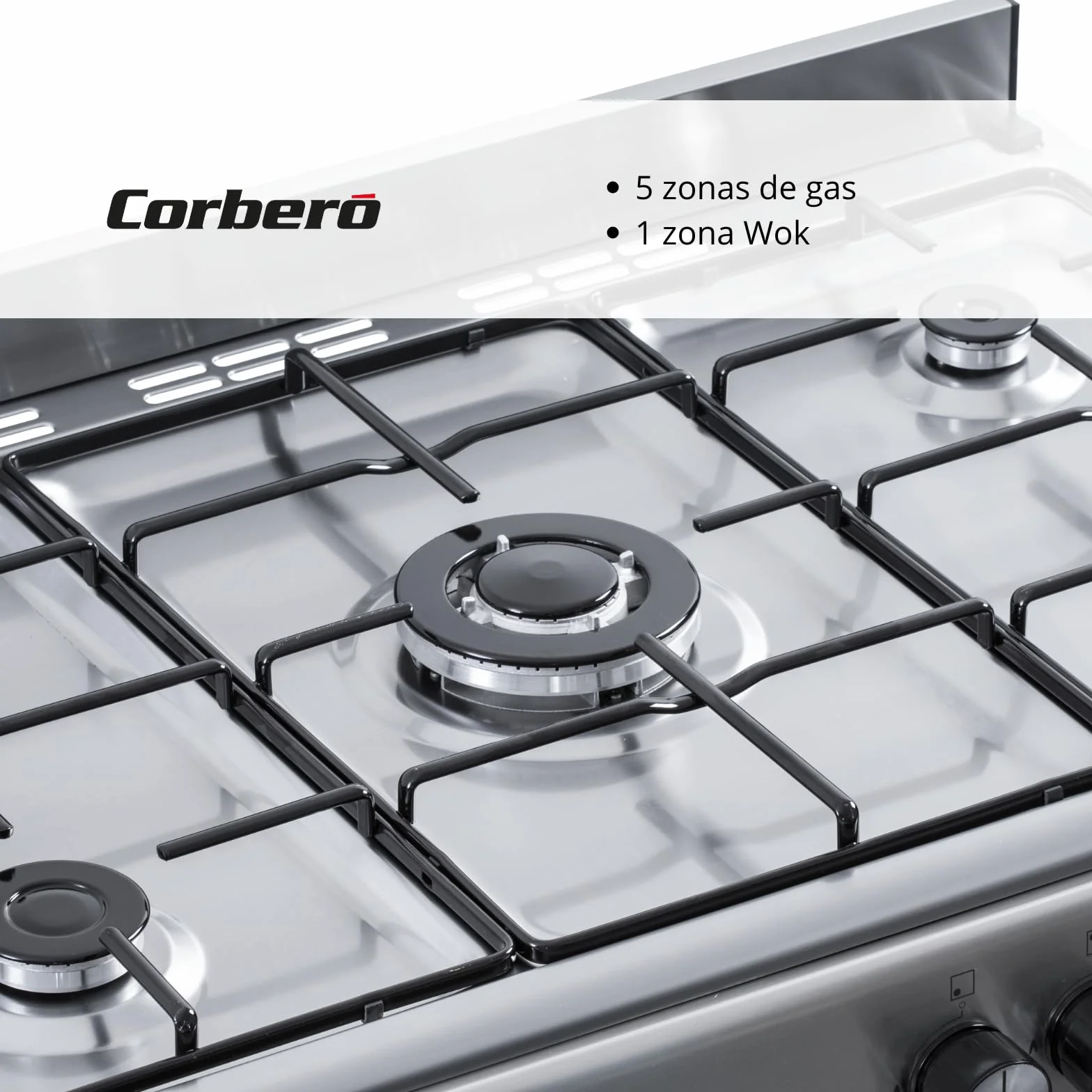 Corbero - Cocina de gas butano 5 fuegos | CC510GB90X | 80x90x60 | Horno de 60L con puerta doble | Wok en medio| Encendido Manual | Cajón calientaplatos| Bandeja y parrilla cromados |Con tapa| Inox