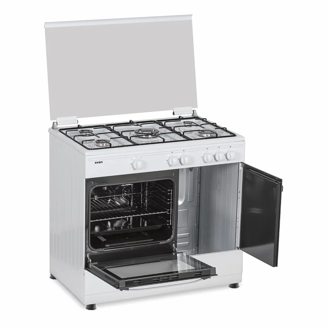 Svan Cocina Gas Butano 5 Zonas de Cocción, Horno 59 L, Blanco SKGW5900PB. Control Manual, Quemador WOK triple llama, 2 Programas de Cocción, Cristal en Puerta de Doble Capa, Tapa Abatible