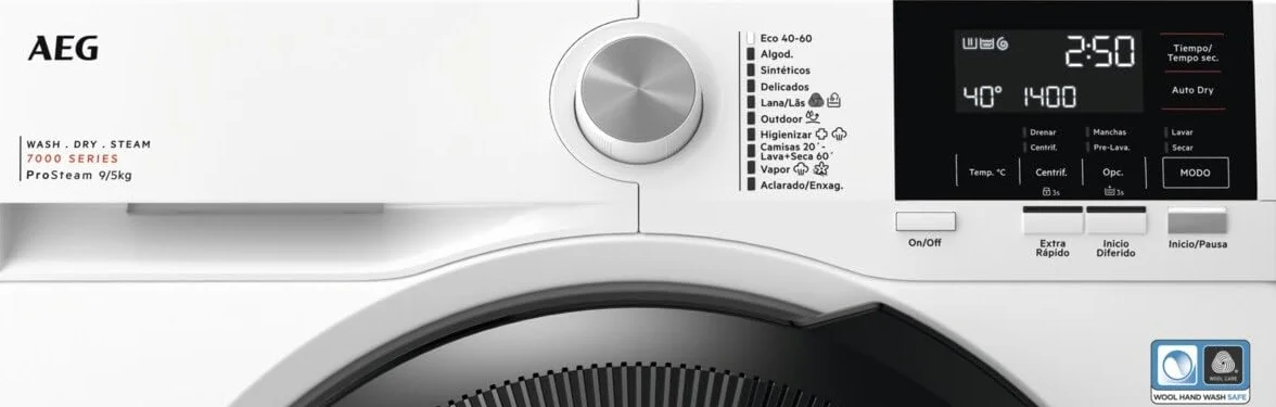 AEG LWR7194M4B Lavasecadora de Carga Frontal, Lava 9 Kg, Seca 6 Kg, Libre Instalación, 1400 rpm, Motor Inverter, Programa Rápido, Nonstop 60 min, Panel LCD, Puerta XL Negra, Clase A, Fabricado en UE