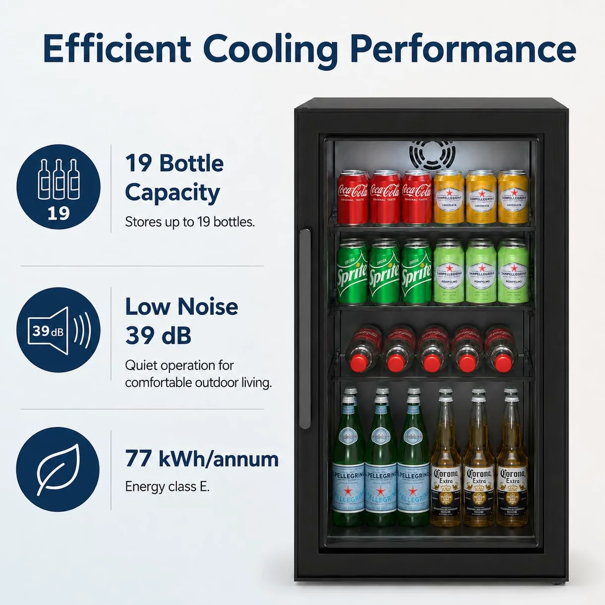 Cozze® Elements - Frigorífico de exterior 63 L – Vitrina de bebidas con puerta de cristal templado, luz LED, pantalla digital, 3 estantes de cristal, refrigeración por compresor 3-10 °C, enchufe IP44