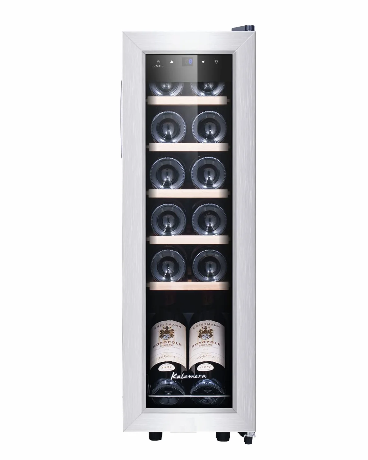 Kalamera Nevera pequeña para vino, 5 – 18 °C, compresor, 12 botellas, almohadillas de madera extraíbles, 35 litros, KRC-35FCSS Vinoteca