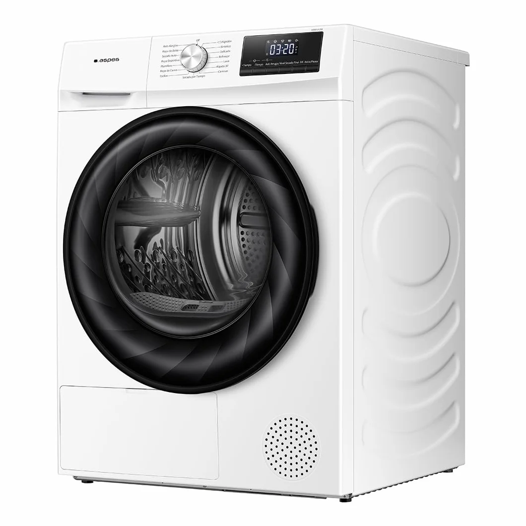 Aspes Secadora Bomba Calor 8Kg, Carga Frontal, Blanco, ASB801A2DB. 650W, 15 Programas, Función Antiarrugas, Función Antiarrugas, Tambor Waterdrop, Display LED manual, Eficiencia Energética Clase A++