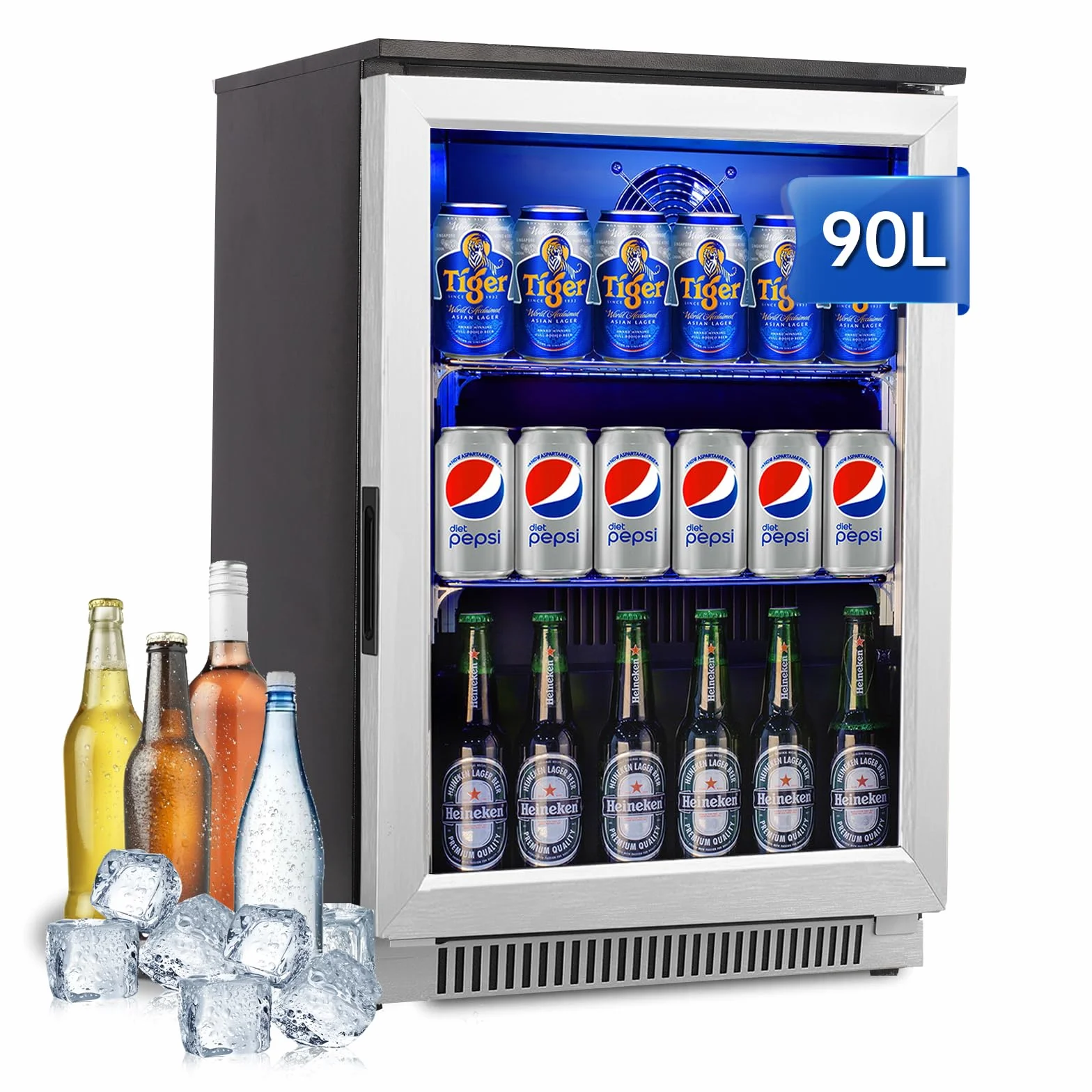 Weili 90L Frigoríficos para Bebidas, Refrigerador con Puerta de Vidrio con Iluminación LED Azul, Nevera Portatil Electrica Rango de Temperatura 3-10°C, Refrigeradores de Vino para Cerveza/Jugo