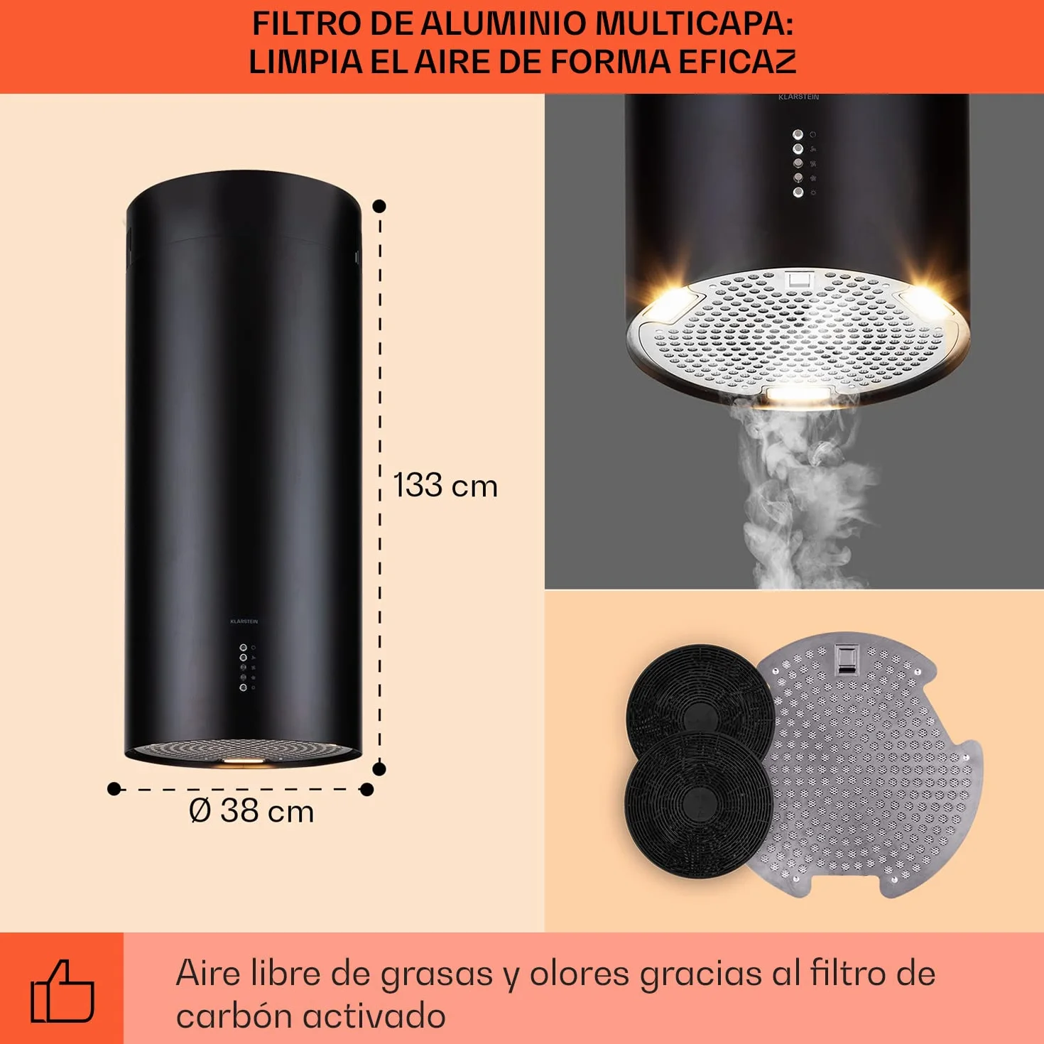 Klarstein Campana Extractora Isla para Cocina 600m³/h con Temporizador, 3 Modos y Filtros Carbón