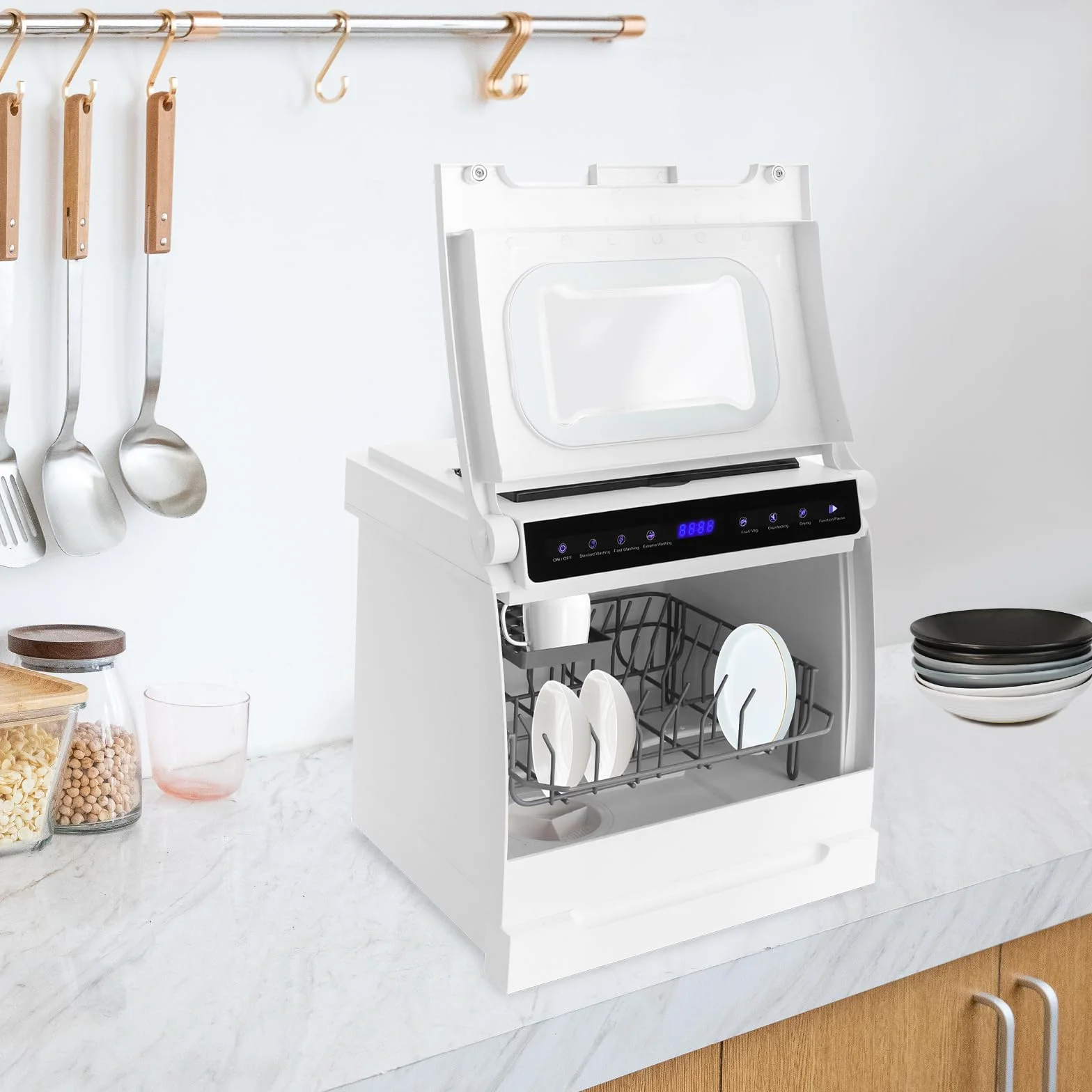 800 W portátil Lavavajillas, lavavajillas de mesa con 6 programas y depósito de agua de 5L, lavavajillas de mesa con cubierta semitransparente e indicador LED, perfecto y fácil para casas pequeñas