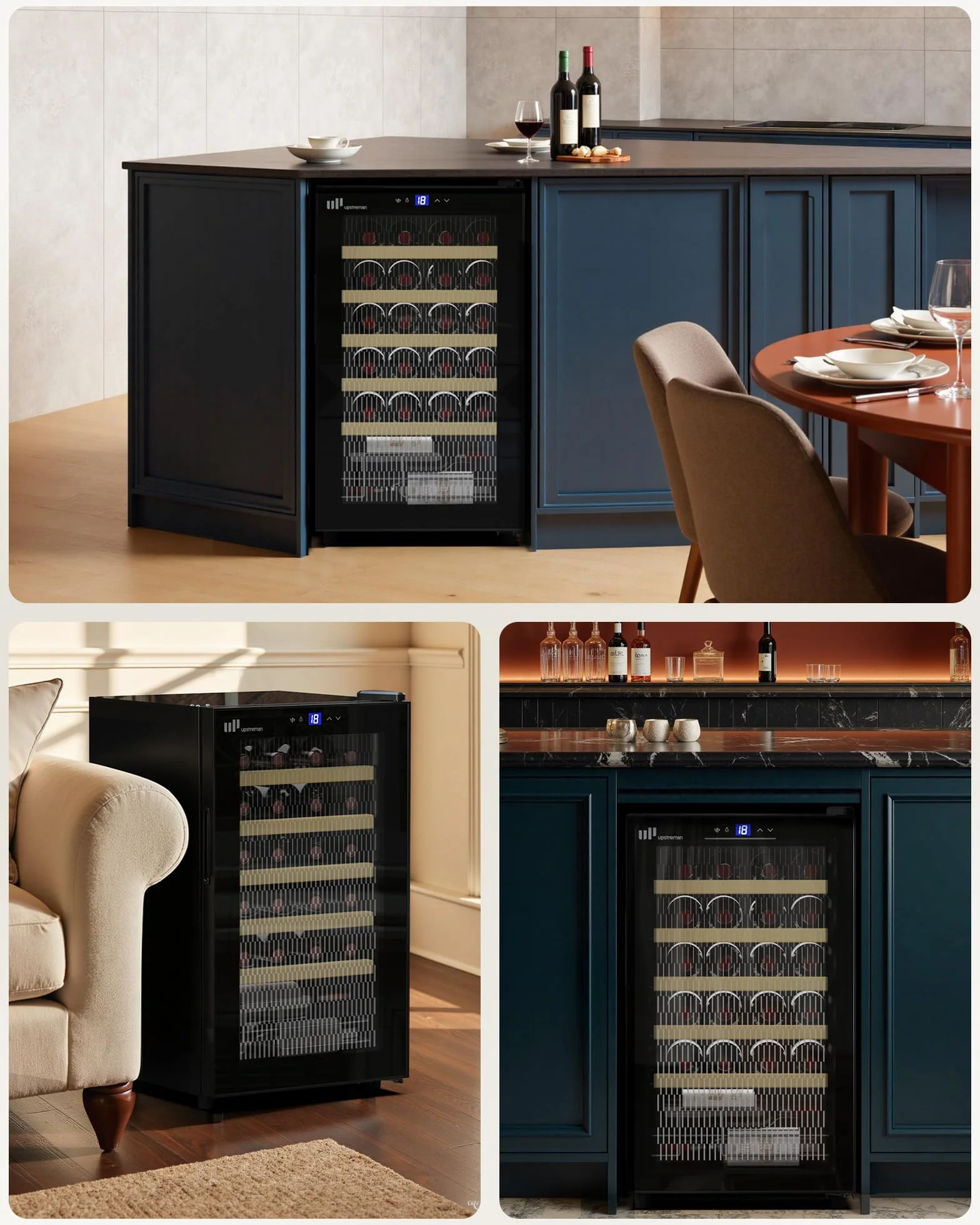 Upstreman Vinoteca para 24 Botellas, 5°C - 20°C Ajustable, Empotrable & Bajo Encimera, Doble Acristalamiento, Pantalla Táctil, Iluminación LED, 5 Baldas, Bodega de vino Negro W24
