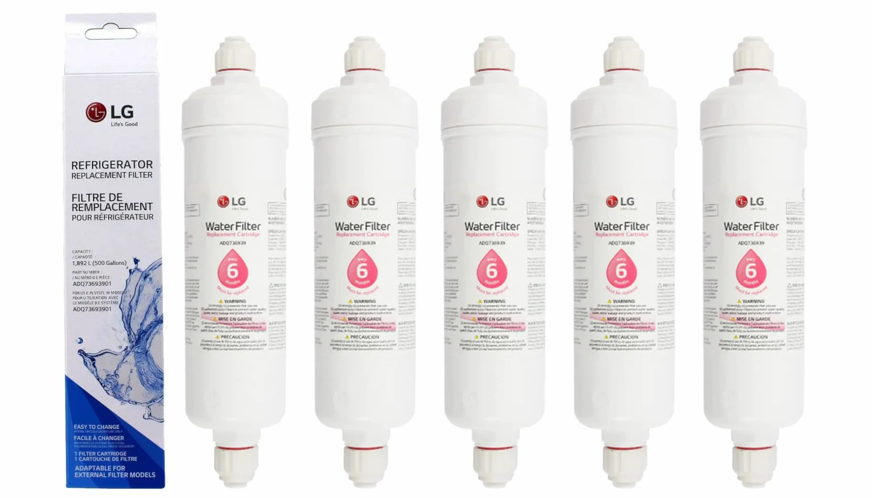 LG ADQ73693901 - Cartucho de filtro de agua de repuesto para refrigerador con ajuste a presión (paquete de 5)