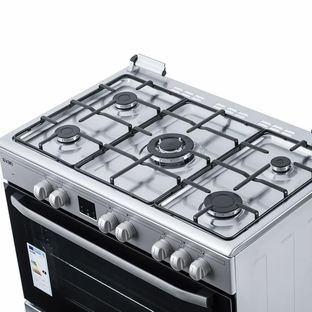 Svan Cocina Mixta gas Butano 5 Zonas de Cocción, Horno 97 L, Inox SKMW5901X. Control Manual, Quemador WOK triple llama, 9 Programas de Cocción, Tapa Abatible