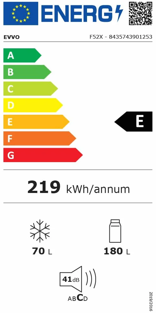 EVVO Frigorífico Combi No Frost 180L Congelador 70L Motor Inverter 54cm Ancho Smart ECO Multi Air Flow Luz LED Panel Táctil F52X Inox