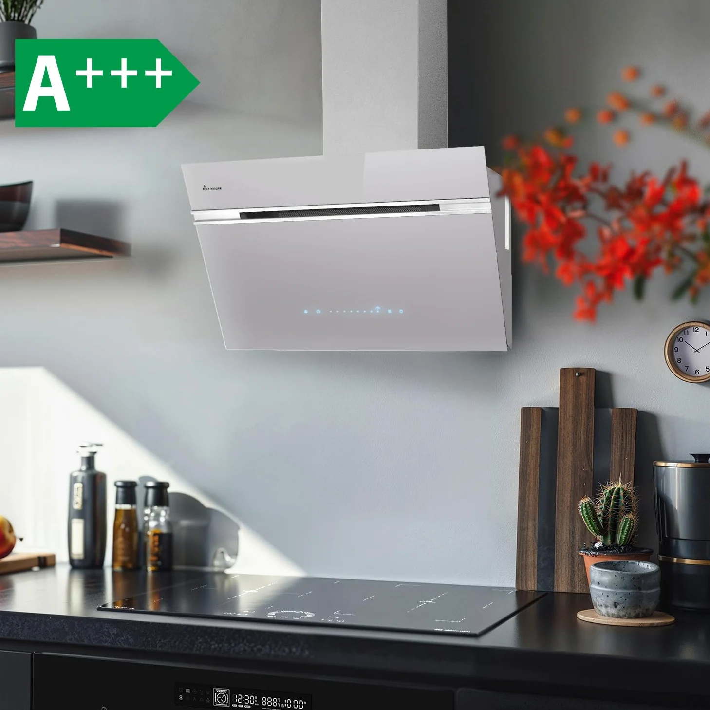 KKT KOLBE A+++ Campana extractora de 60 cm 782 cbm/h, recirculación, sin cabeza, campana de pared | cristal blanco plateado | automático | aplicación WiFi inteligente | SensorTouch | iluminación LED