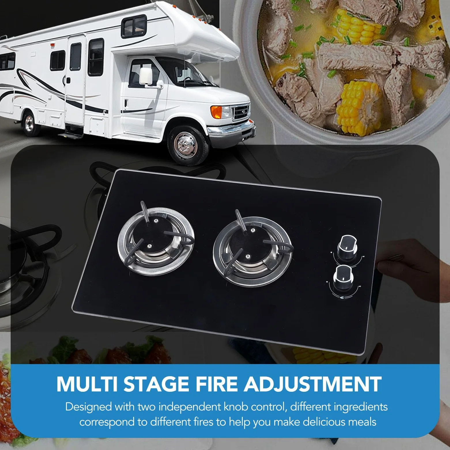 Estufa de Gas, 2 quemadores, GLP, Estufa Superior de Vidrio Templado, Doble Placa de 1,8 kw, diseño Compacto, Panel endurecido, se Adapta a caravanas, autocaravanas, Barcos, vehículos recreativos