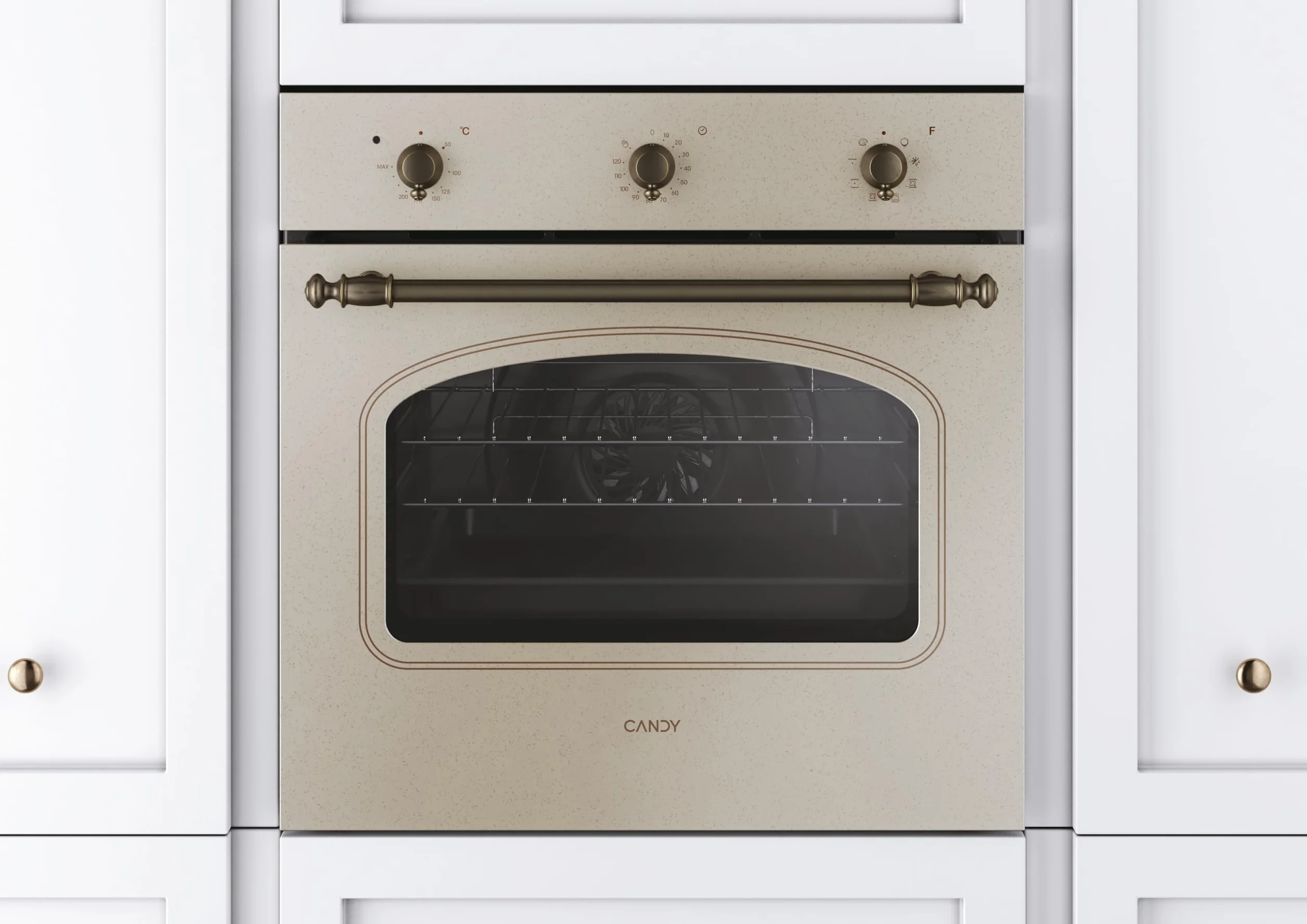 Candy FCC603NAV - Horno eléctrico empotrable, ventilado, capacidad 65 litros, multifunción y función pizza, 8 programas, 56,8 x 59,5 x 59,5 cm, estilo rústico, avena, clase A+