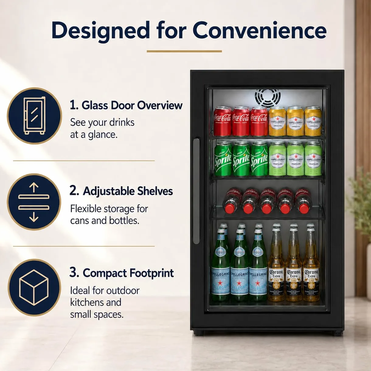 Cozze® Elements - Frigorífico de exterior 63 L – Vitrina de bebidas con puerta de cristal templado, luz LED, pantalla digital, 3 estantes de cristal, refrigeración por compresor 3-10 °C, enchufe IP44