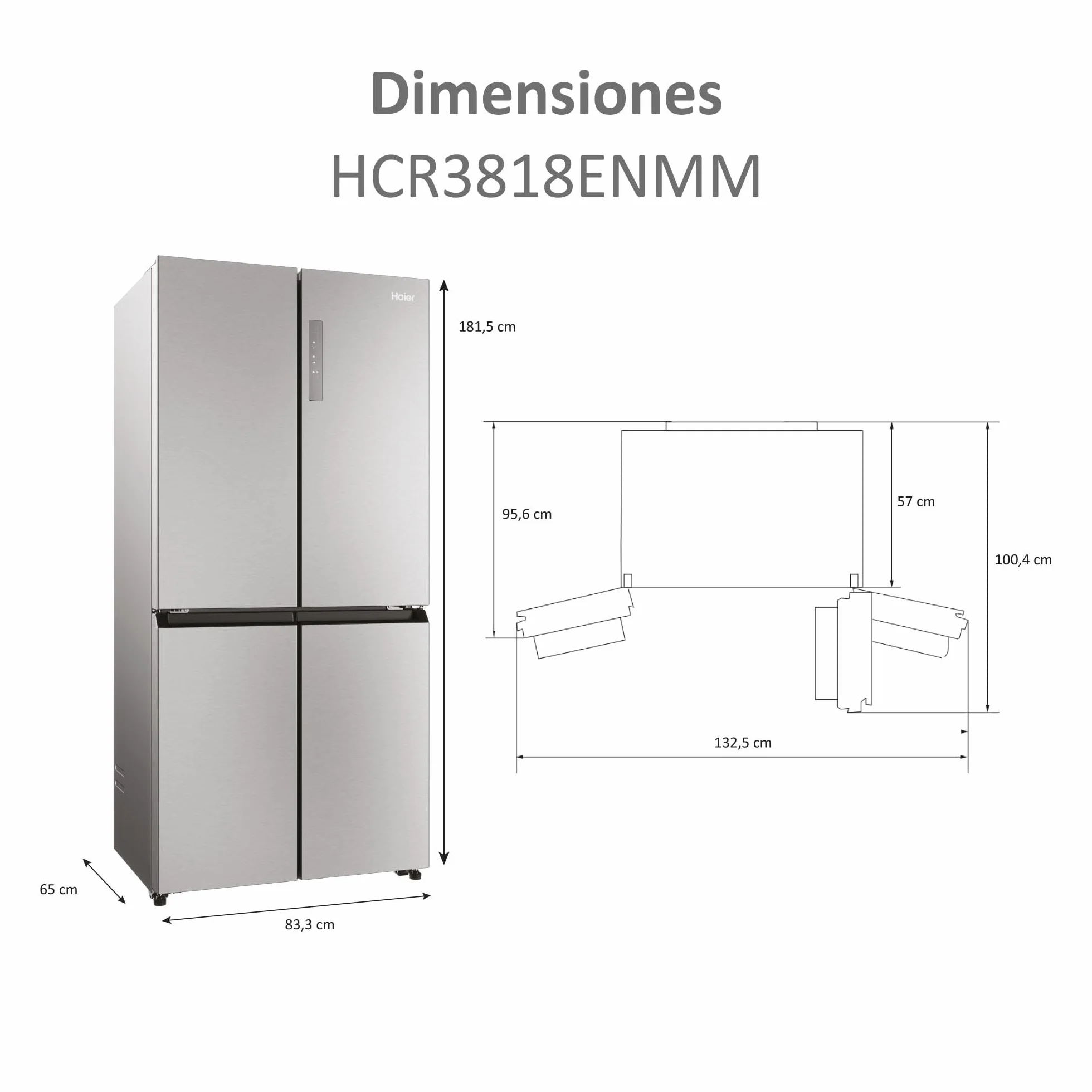 Haier Cube 83 Series 3 HCR3818ENMM - Frigorífico 4 Puertas, Display LED, Función Cooling y Freezing, 467L, Tiradores Integrados, Total No Frost, Ancho 83cm, Motor Inverter, Luz LED, Inox