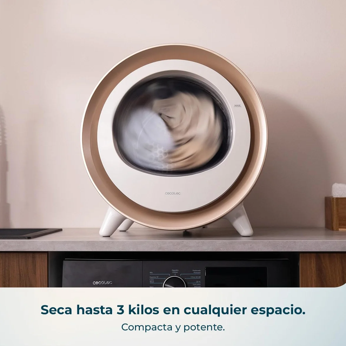 Cecotec Secadora Compacta Evacuación 3Kg Bolero DressCode Dry 3500V Gold. 8 Programas, Secado Automático Inteligente, Control Touch, Función UV Care, Tambor Inox, Antiarrugas, Blanco y Oro Cromado