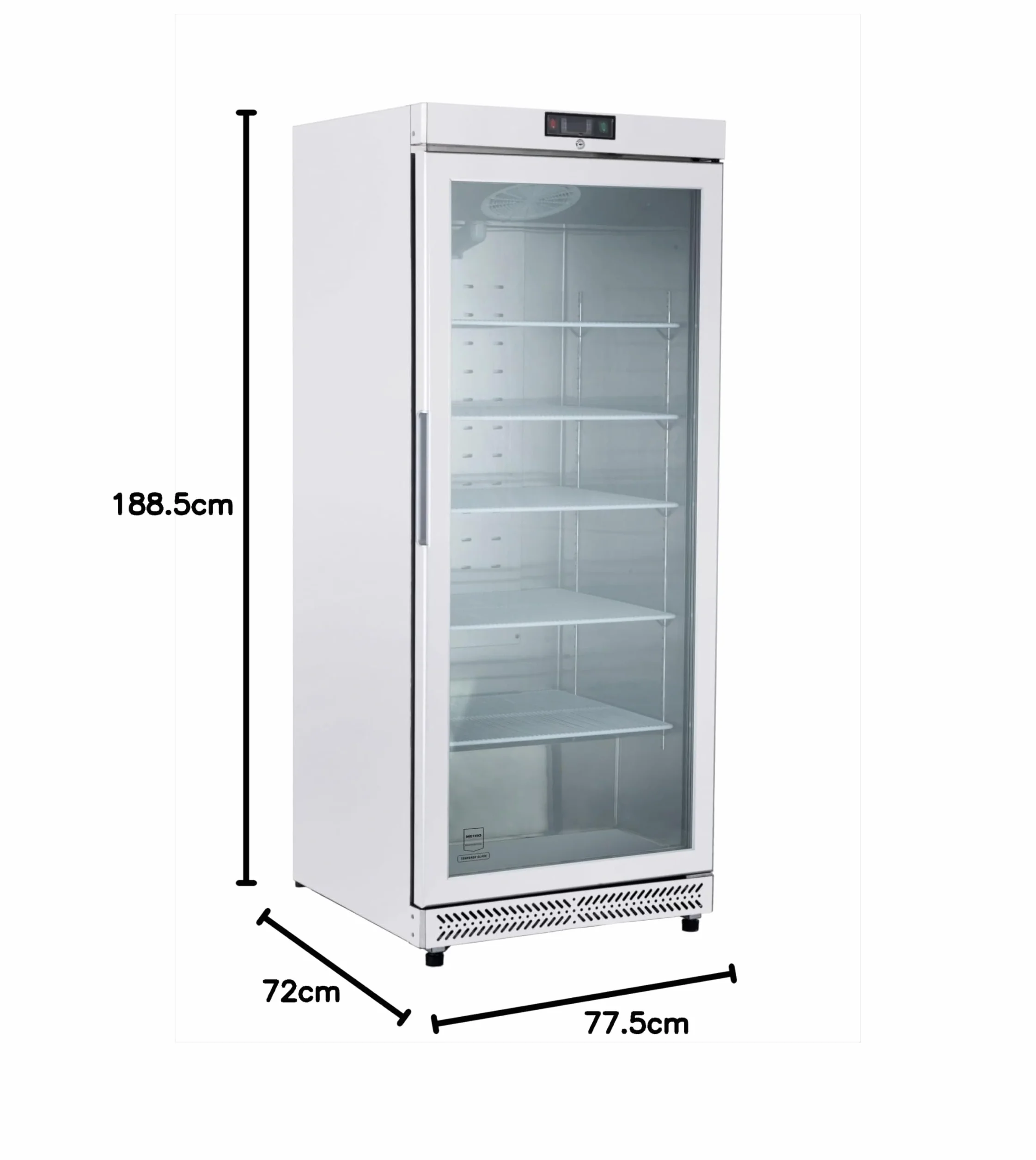METRO Professional Frigorífico con Puerta de Cristal GRE6600G, 380L, Nevera Vertical con Cerradura, 77.5x72.5x188.5cm, 5 Estantes, Blanco