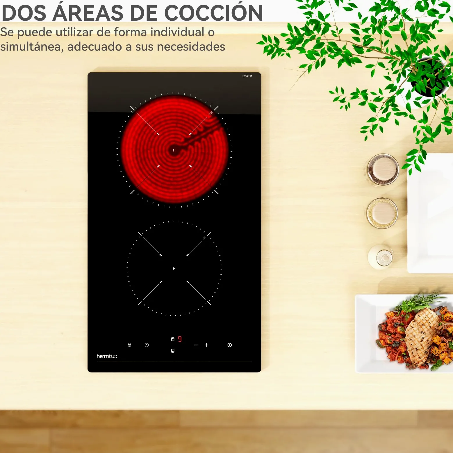 Hermitlux placa vitrocerámica 2 fuegos Compatible con Todos Utensilios | 3300W,30CM 9 niveles de potencia, control táctil, temporizador, seguro para niños, apta para todo tipo de sartenes