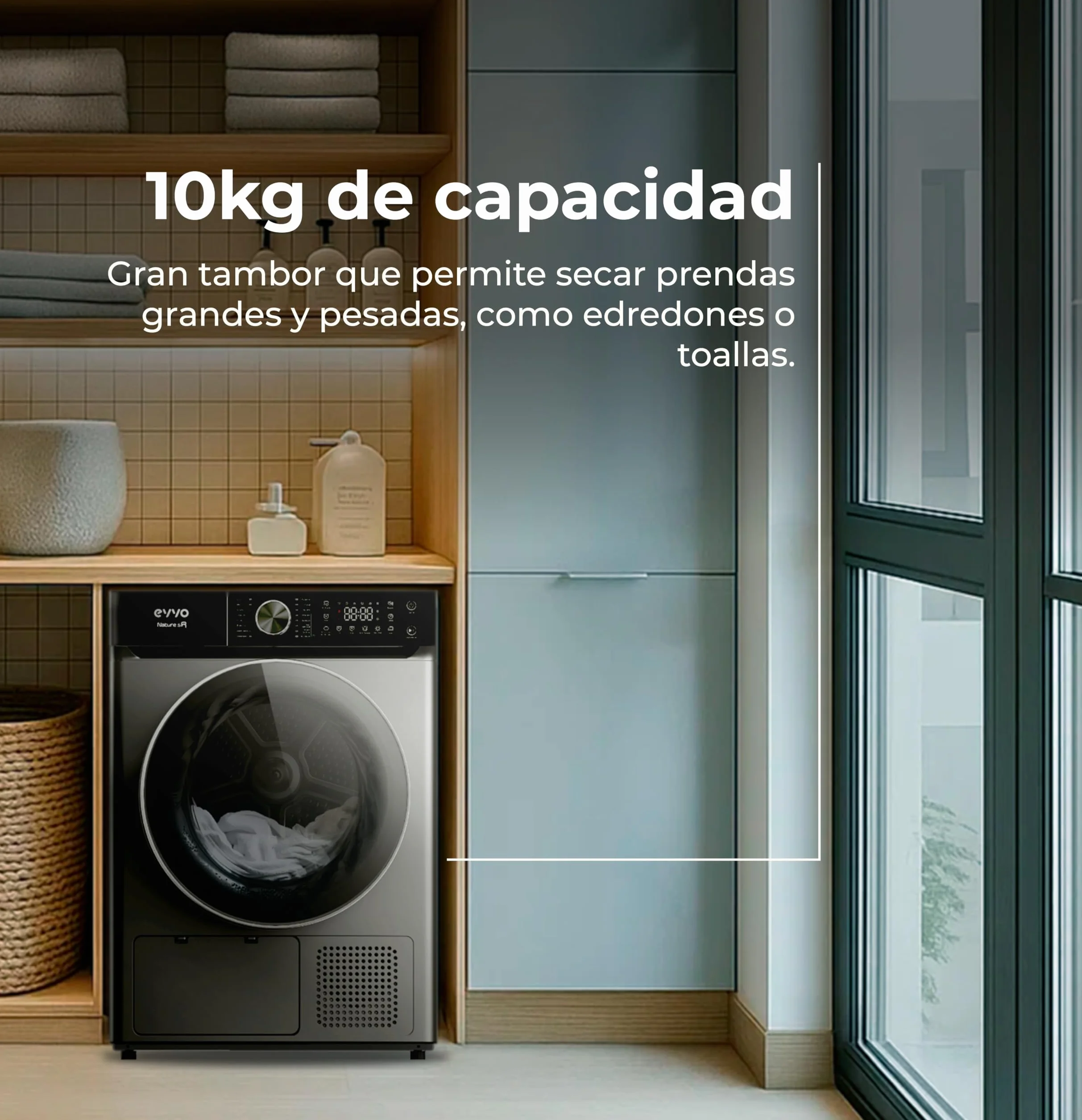 EVVO Secadora Bomba de Calor NATURE SR - Secadora Bomba Calor 10 kg, Eficiencia Energética E, Sensor de Humedad, Antiarrugas, 16 Programas, Inicio Diferido, Airfresh, Bajo Consumo Energético (Inox)