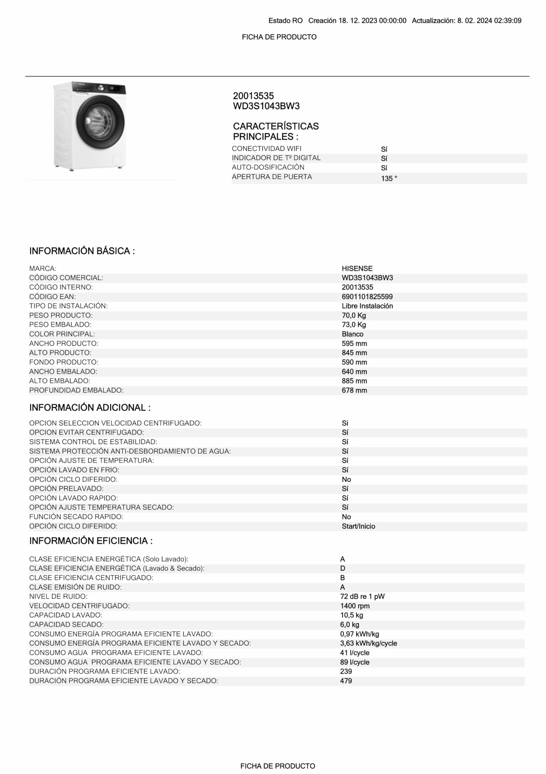 Hisense WD3S1043BW3 - Lavadora Secadora 2 en 1 con Vapor,Clase D/A, Carga Frontal 10.5 kg Lavado, Secadora 6 kg, Conectividad WiFi, Programación Asistida, Monitor de Consumo, Serie 3S, Blanco
