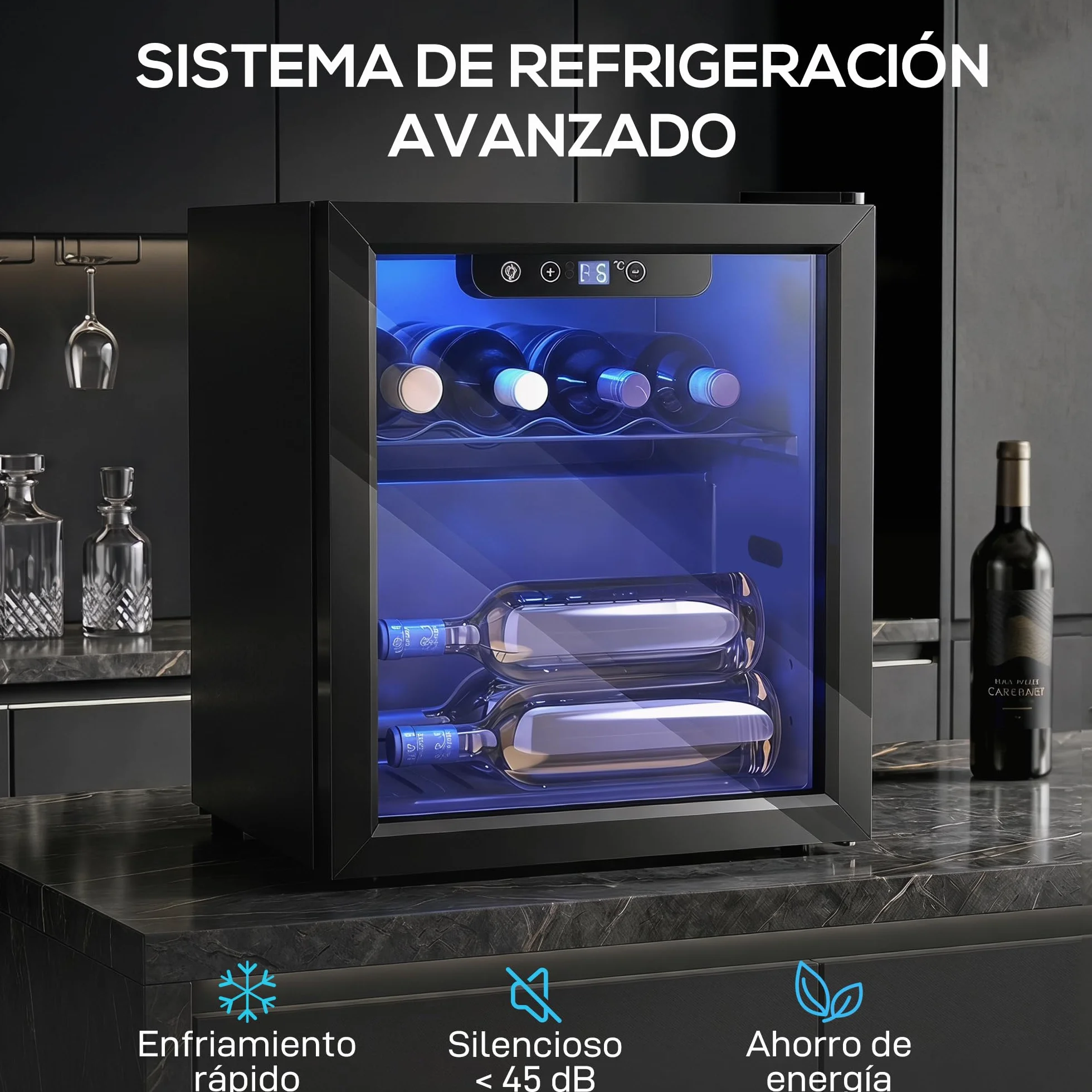 HOMCOM Vinoteca 12 Botellas, Nevera para Vinos con Capacidad de 36 L, Temperatura Ajustable 4-16℃, Puerta de Vidrio, Luz LED, Pantalla Táctil Digital, para Bebidas, Negro
