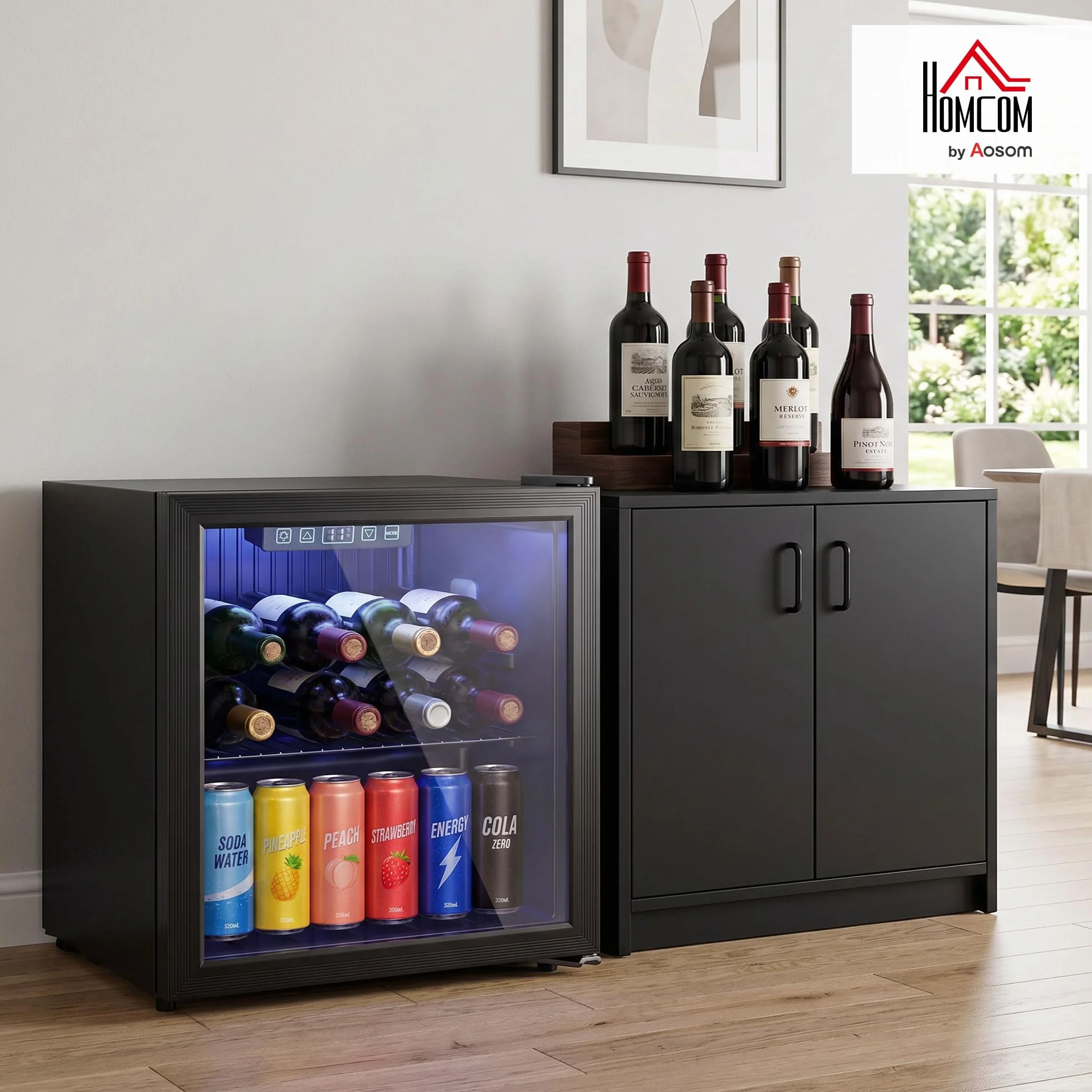 HOMCOM Frigorífico de Bebidas 50 L, Mini Nevera con Puerta de Vidrio Doble, Iluminación LED, Estante Ajustable, 2-18℃, para 48 Latas, Nevera Pequeña para Refrescos, Cerveza y Vino
