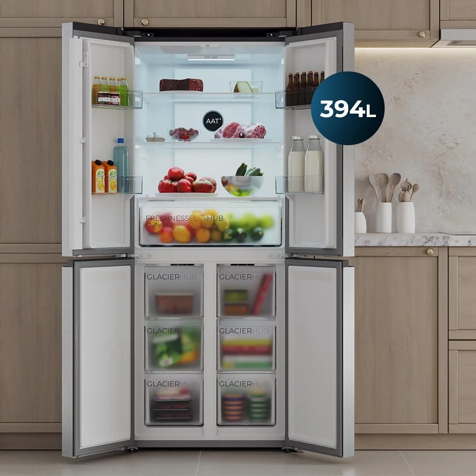 Cecotec Frigorífico 4 Puertas Total No Frost 394L Bolero CoolMarket 4D 394 Inox E. Alto 176cm y 70cm Ancho, Cajón Temperatura Variable, Compresor Inverter, ATT Antibacterias