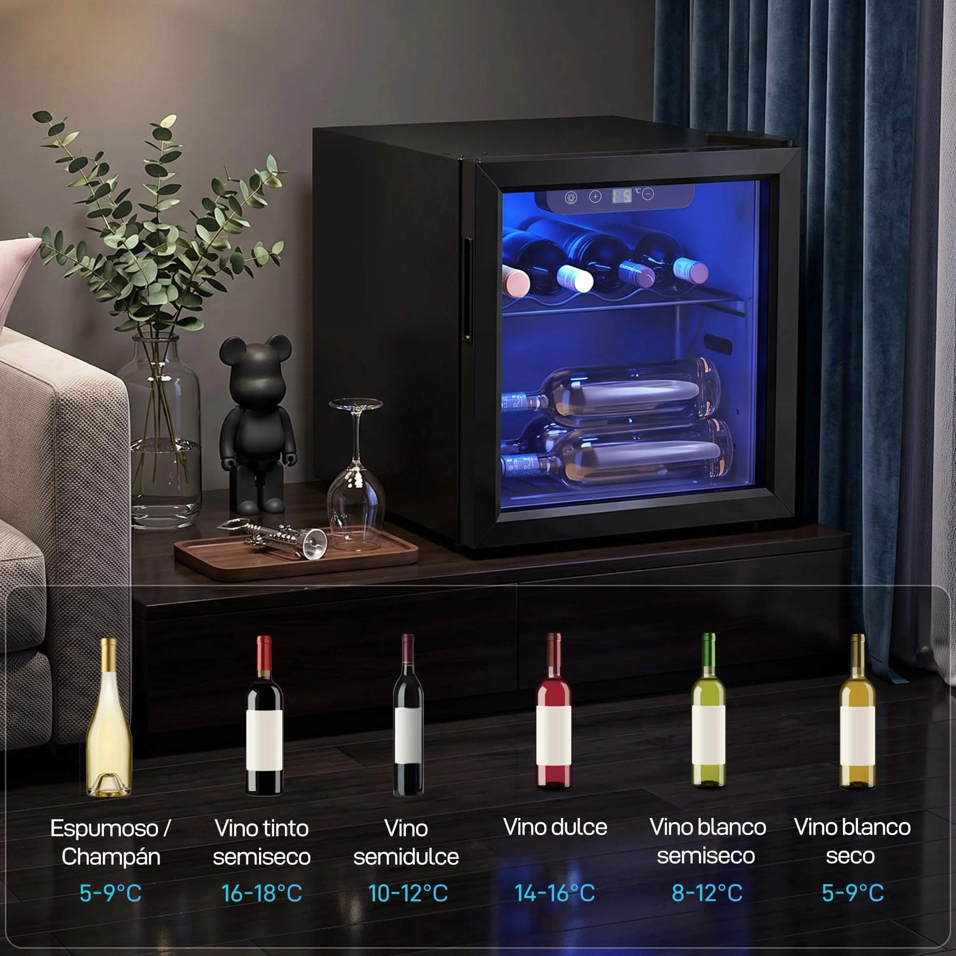 HOMCOM Vinoteca 12 Botellas, Nevera para Vinos con Capacidad de 36 L, Temperatura Ajustable 4-16℃, Puerta de Vidrio, Luz LED, Pantalla Táctil Digital, para Bebidas, Negro