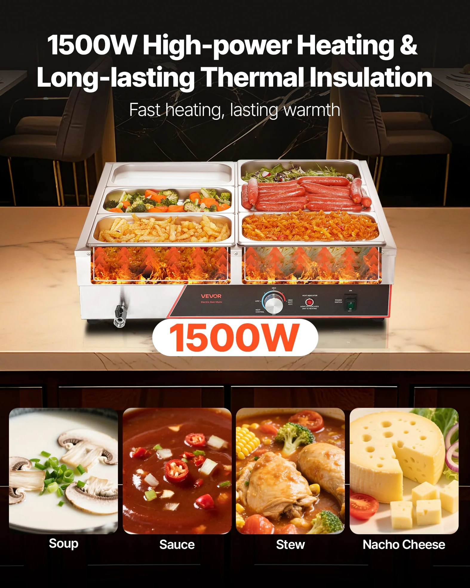 VEVOR Calentador de Alimento, con 6 Recipientes de 1/3 de Tamaño y Cable de Alimentación, de Acero Inoxidable, 1500 W, por Baño María, para Restaurantes, Fiestas y Buffets, 690 x 570 x 220 mm