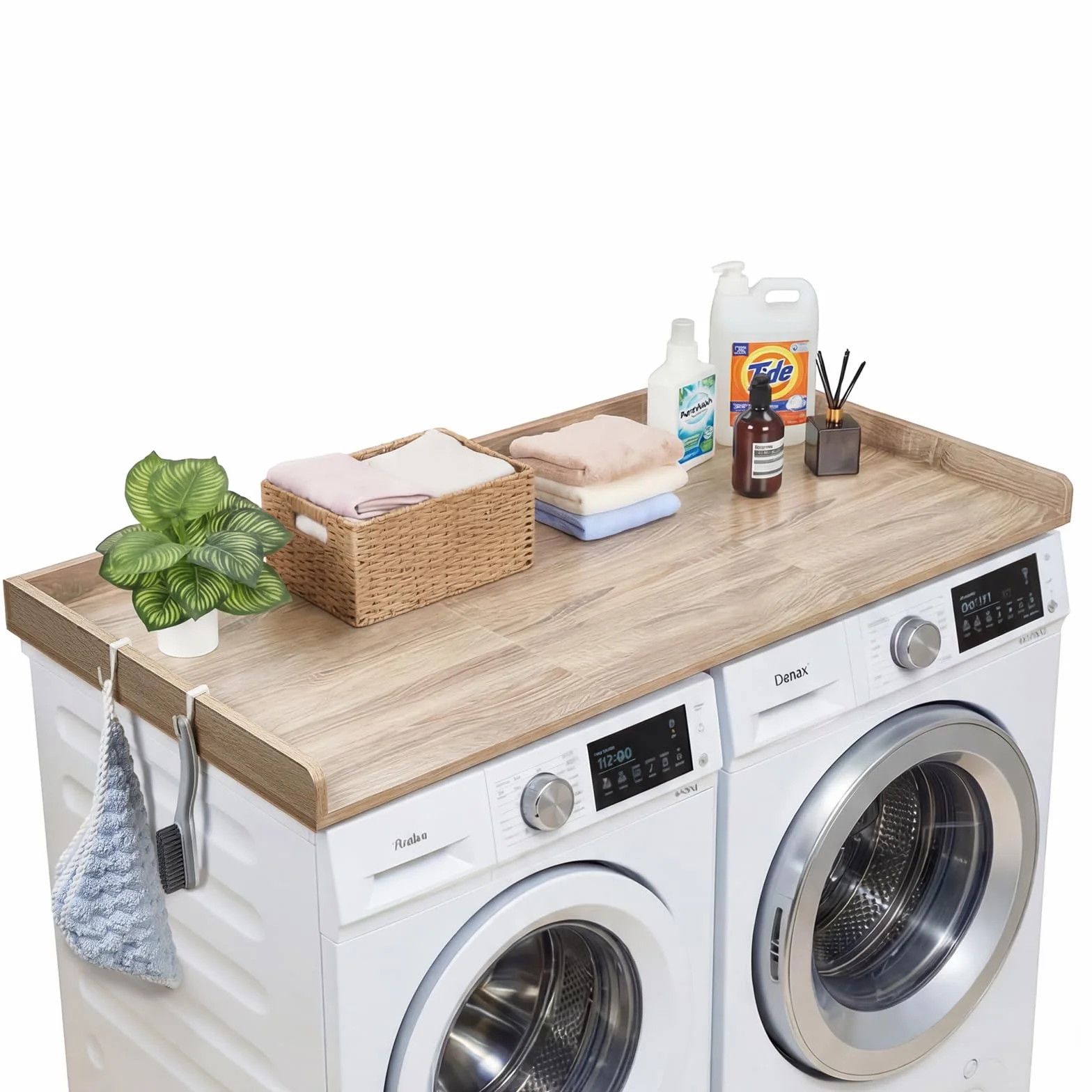 VEVOR Encimera para Lavadora y Secadora 137 x 69,9 cm, Cubierta Superior de Madera Soporta hasta 113 kg con Borde Elevado, Ganchos Laterales, Almohadillas para Baño Lavadero Balcón Cocina, Color Roble