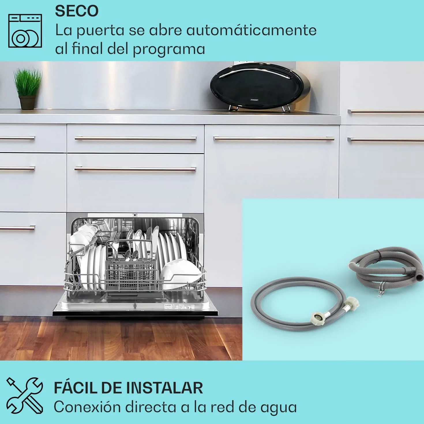 Klarstein Lavavajillas Sobremesa Pequeño, Mini Lavavajillas 8 Cubiertos, Lavavajillas Portatil Encimera Silencioso, Lavaplatos con 6 Programas de Lavado, Lavavajillas Compacto para Casa y Oficina