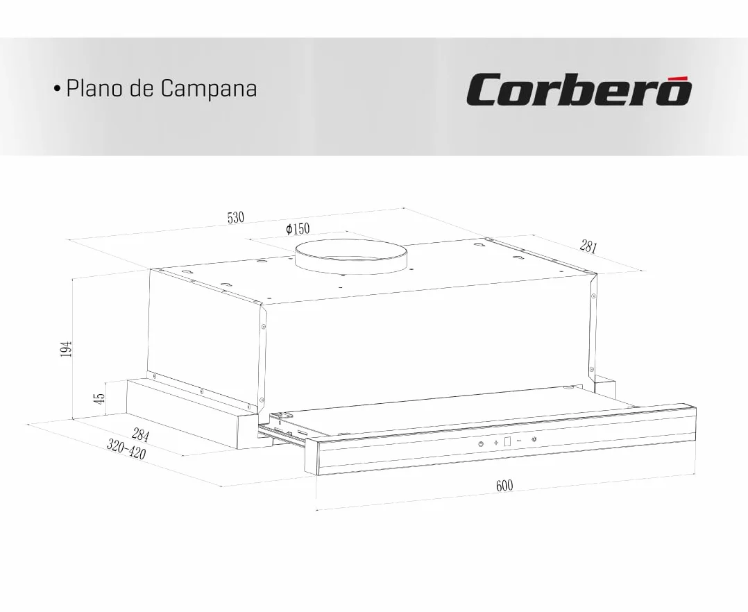 Corberó - Campana Extractora Telescópica 60 cm | MAKALU640X | 372.5 m3/h | 65db | 71.5W | 3 Velocidades | Luz LED | 2 Filtros Aluminio+ Filtro Carbon | Inox-Negro