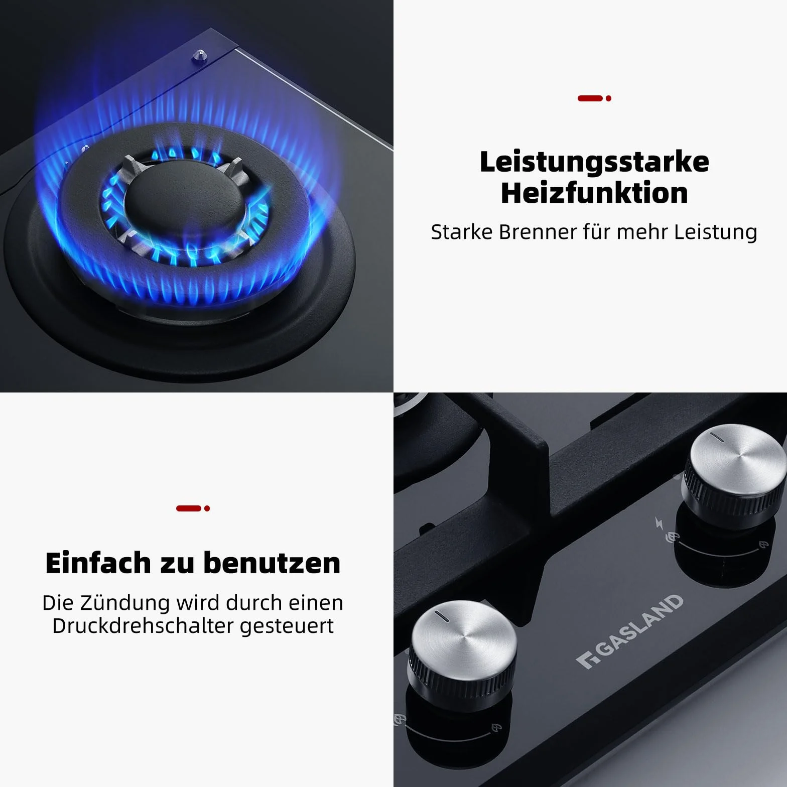 GASLAND GH2302BG1FC Placa de Cocina de Gas Butano, Encimera de Cristal Con 2 Fogones y Quemador Wok, Empotrable, Negra de 30 cm, 5,2 KW