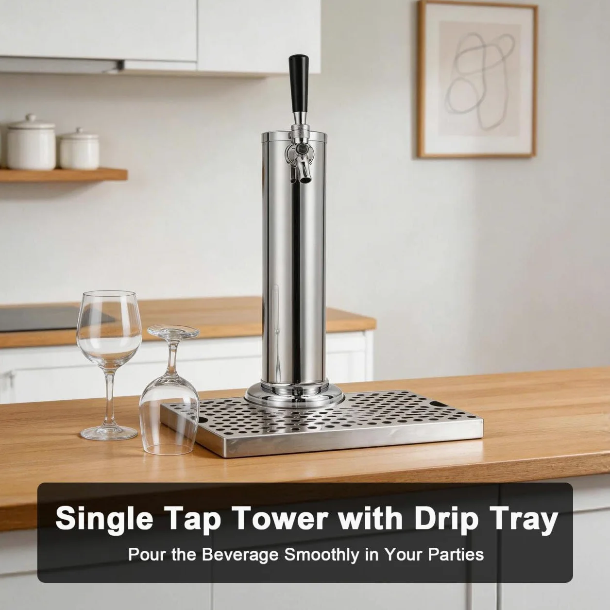 Torre de grifo de cerveza Kegerator de un solo grifo con bandeja de goteo de cerveza de acero inoxidable, torre de barril de cerveza preinstalada con bandeja de goteo de barril de piezas Kegerator