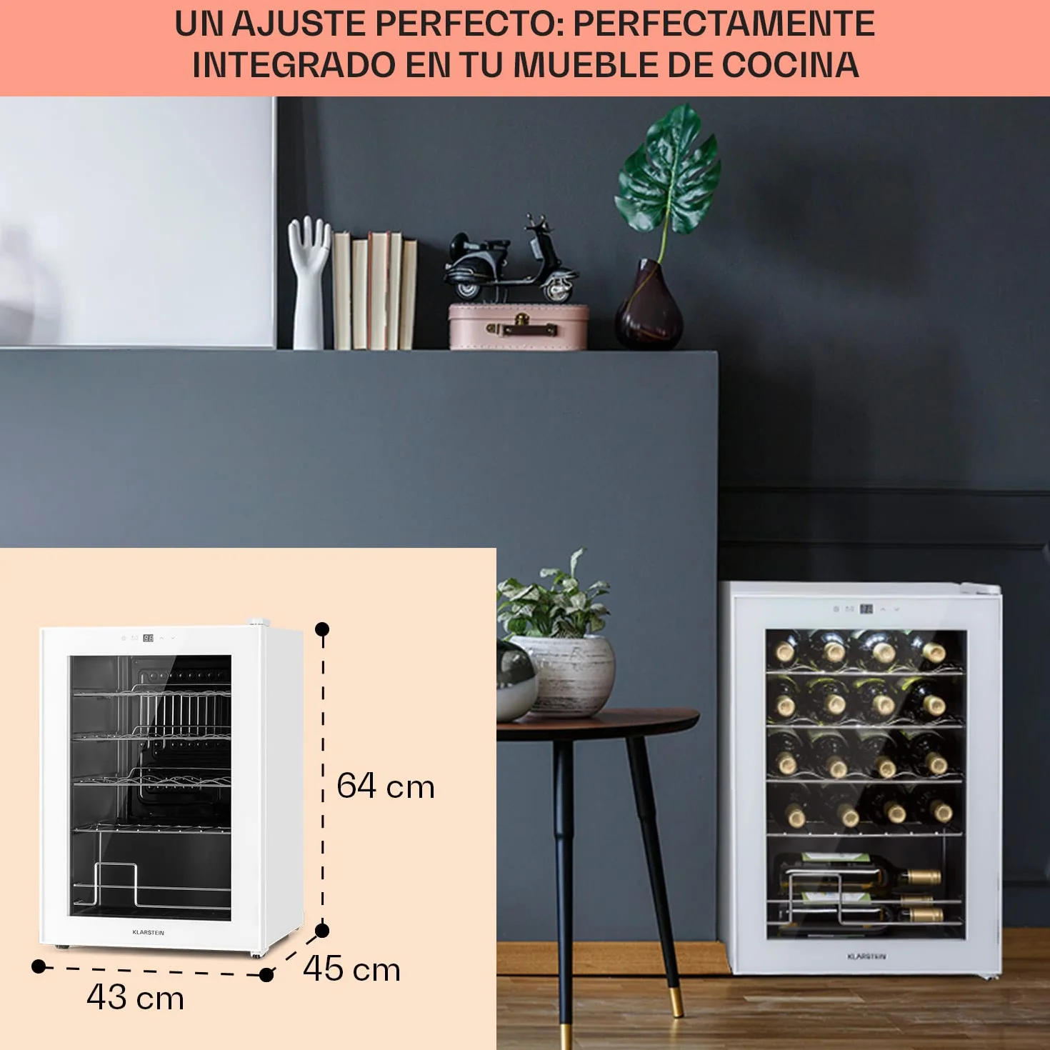 KLARSTEIN Vinoteca para Vinos de 53L Nevera Vino Una Zona, Botellas Vino, Proseco y Cervezas, Vinoteca Pequeña Puerta Cristal para Interior y Exterior, Nevera para Vinos Capacidad 20 Botellas