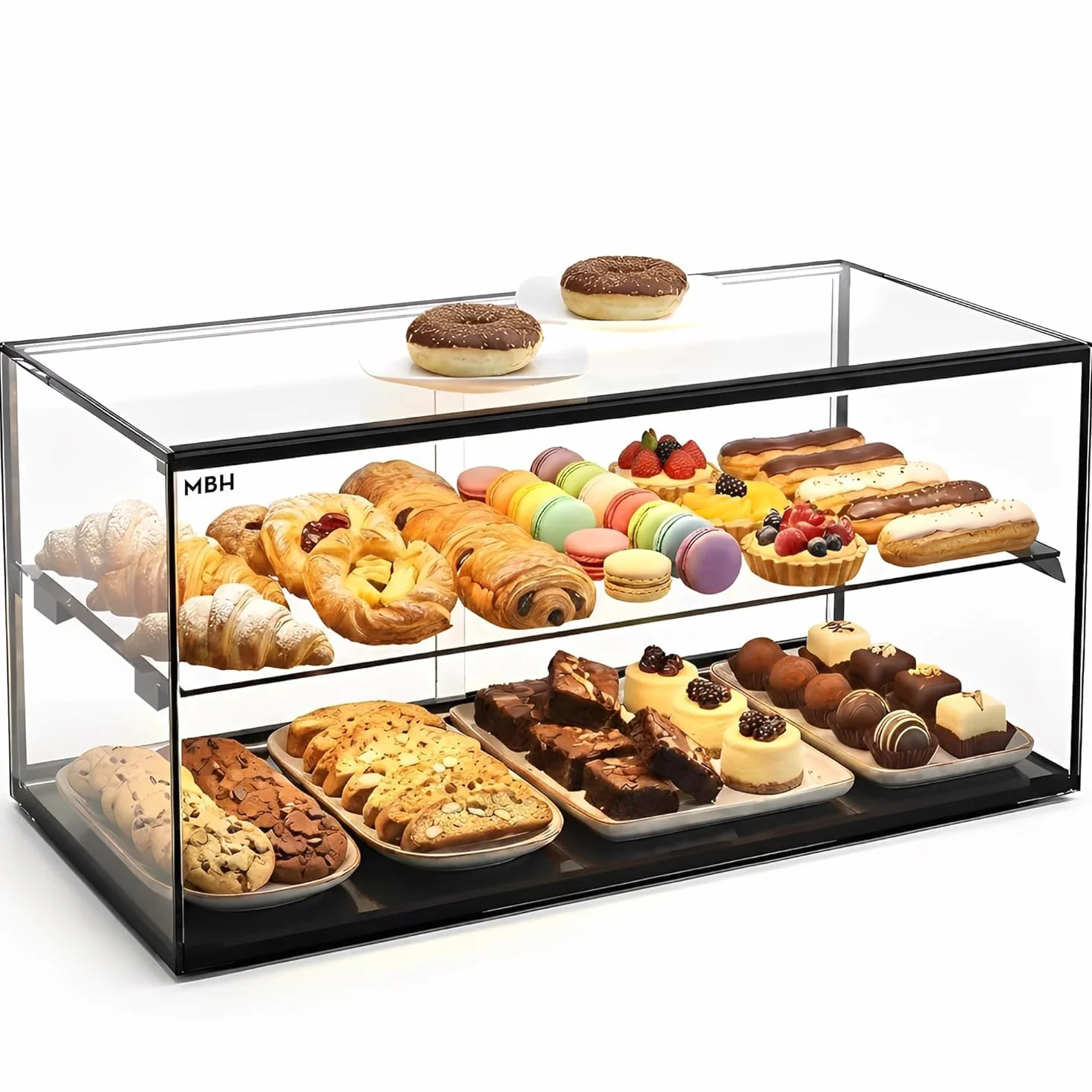 MBH - Vitrina Expositora Neutra de Sobremostrador 92x33 cm, Cristal Recto Templado, 2 Pisos, con Iluminación LED, Puertas Traseras Correderas, para Bar, Cafetería, Restaurante, Bollería y Repostería.