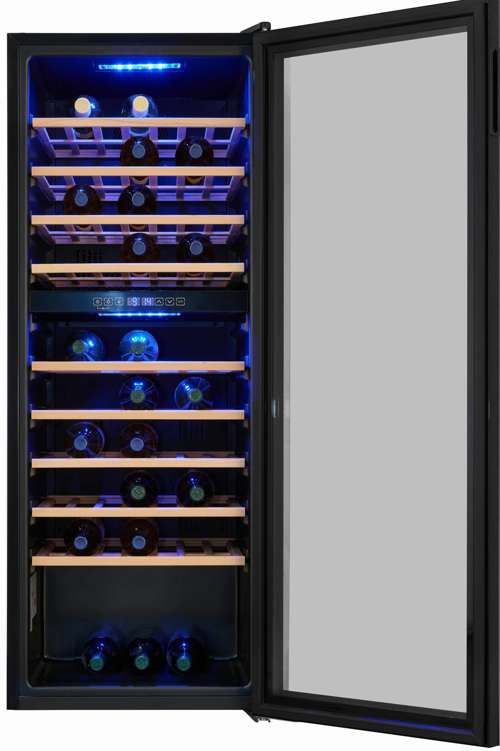Exquisit® Vinoteca para 78 Botellas, 194L, Negro, Clase G, Doble Zona de Temperatura 5-20°C, Control Digital, Puerta de Cristal Reversible, Iluminación LED, 9 Estantes, Medidas (128,5 x 49 x 57,5 cm)