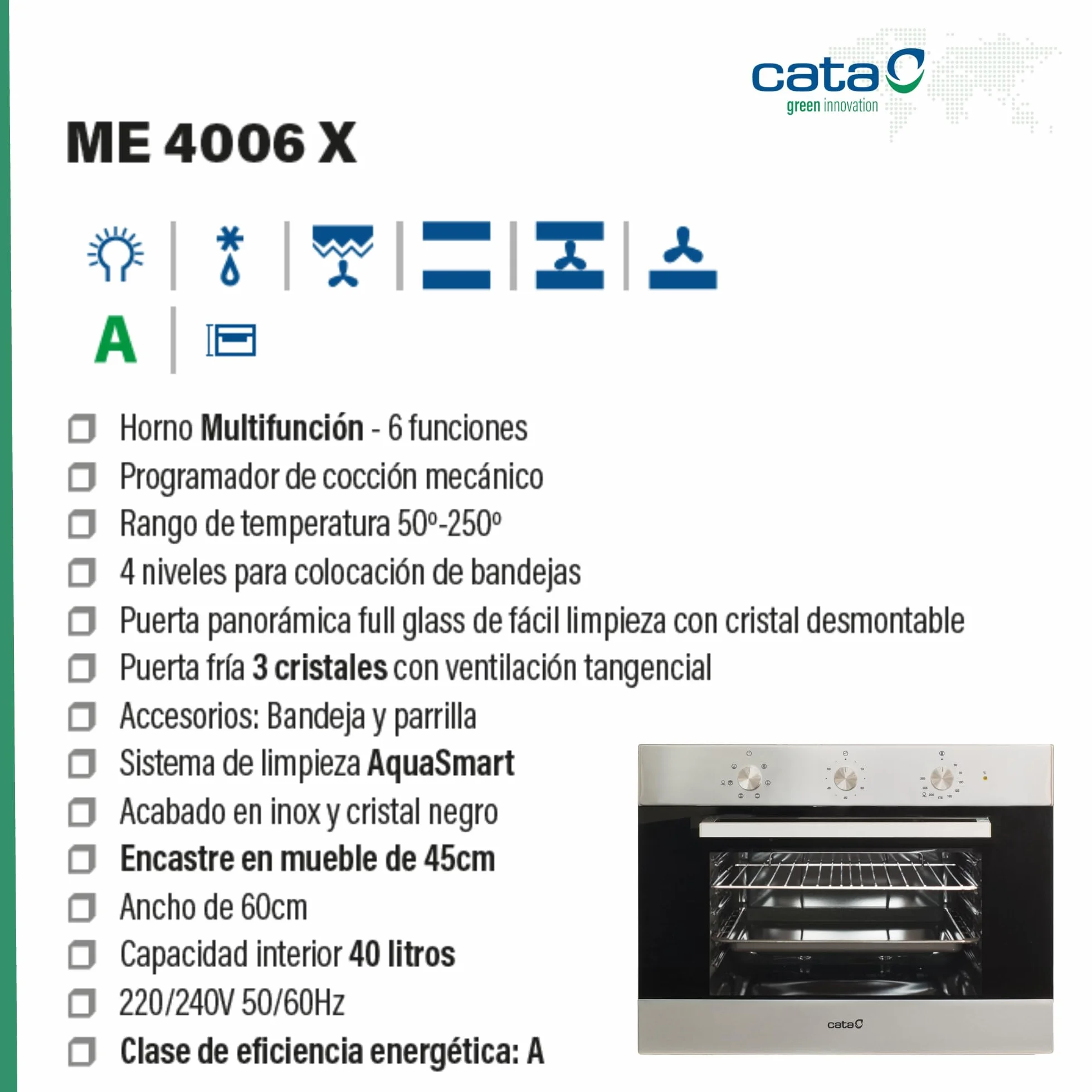 Cata ME 4006 X Horno Limpieza Aquasmart Multifunción 6 Funciones Negro Acero Inoxidable