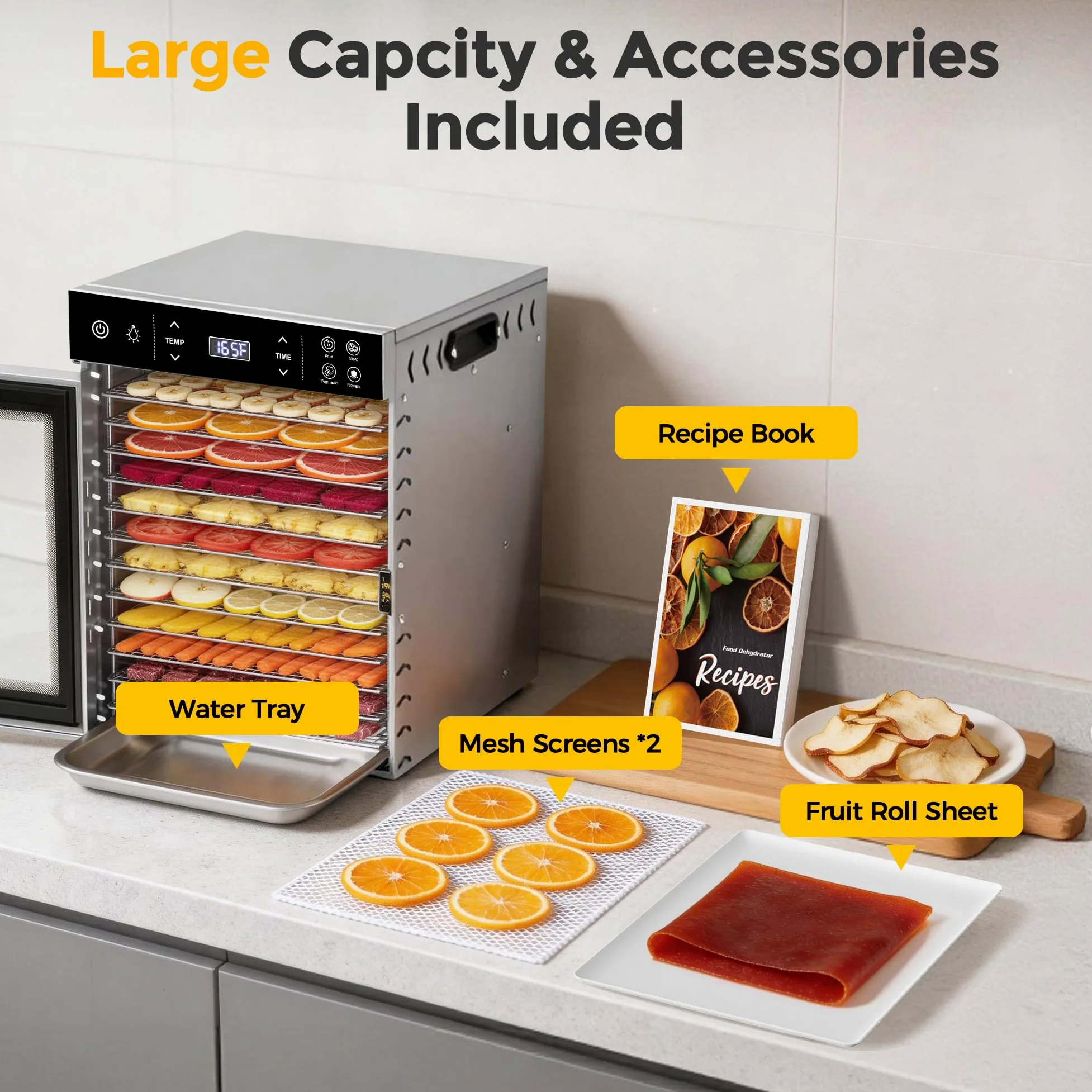 Suteck Secador de alimentos con 12 cuencos, 800 W con cuencos de acero inoxidable, ventiladores dobles y flujo de aire de 360°, control digital de temperatura y