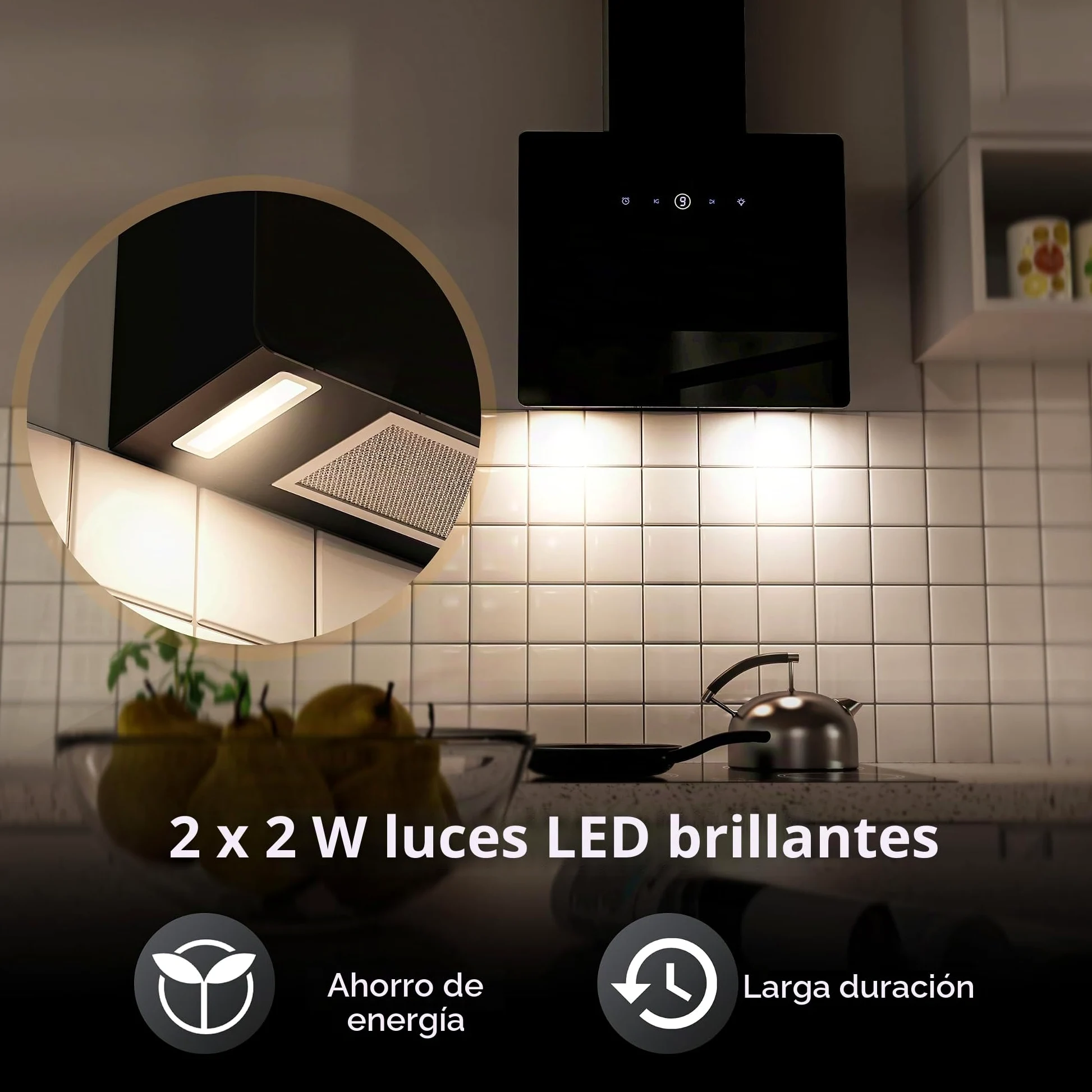 FIREGAS Campana Extractora de Pared con LED 60 cm, 487 m³/h, 9 Velocidades, Filtros de Carbón CC170, Ahorro Energético, Con Conducto, Negra