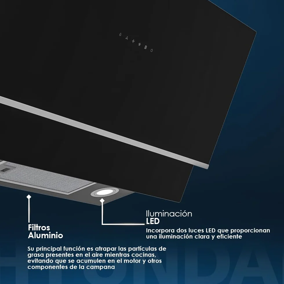 Hyundai Campana Extractora Inclinada 90cm Cristal negro HCPD900AN. Potencia 253m3/h, Tiro Doble, 4 Velocidades, Control Táctil, Filtro apto para Lavavajillas.