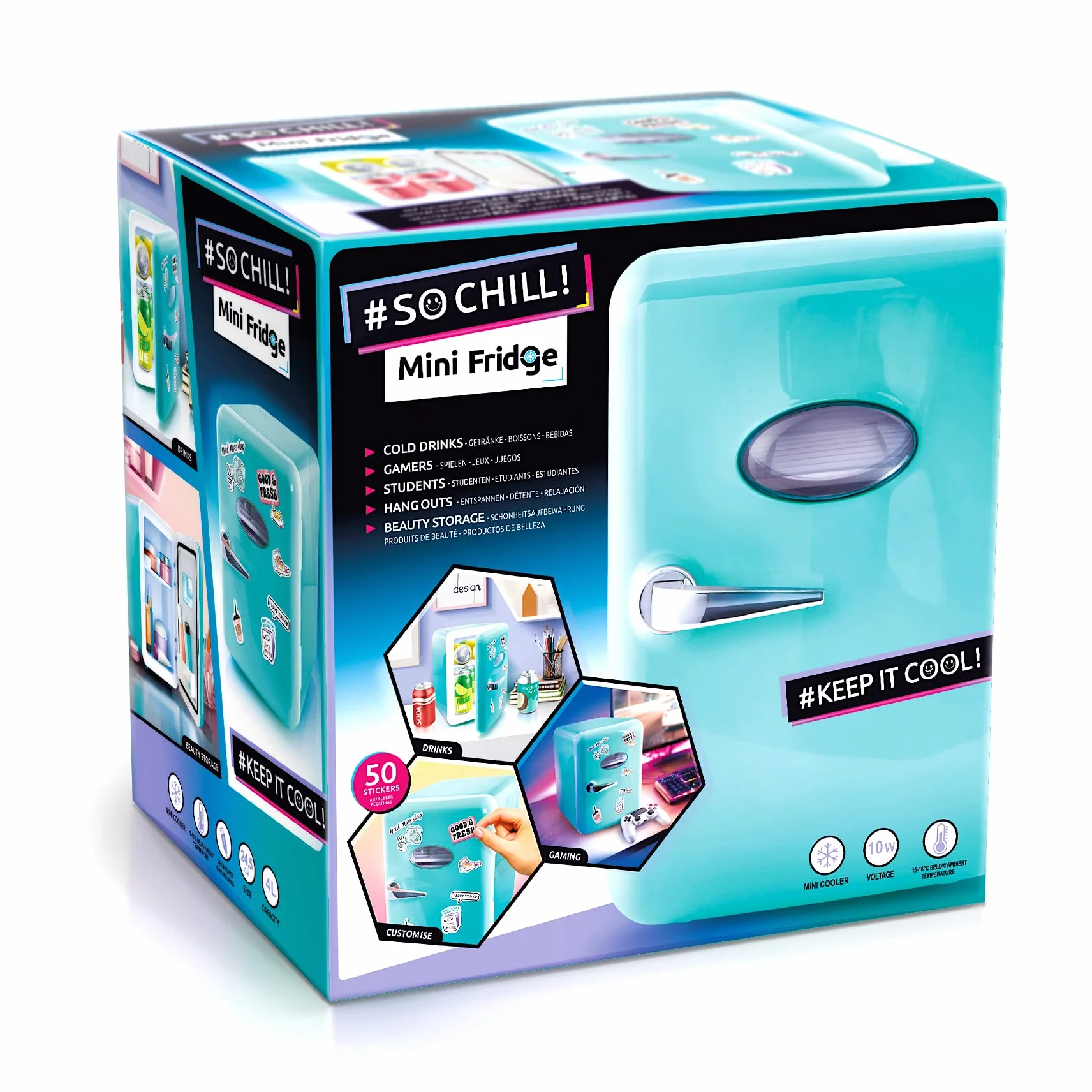 Canal Toys - Mini Fridge - Nevera Portátil - Refrigerador Azul Ideal para Regalo - Neverita con Cable USB y Pegatinas Decorativas - INF037