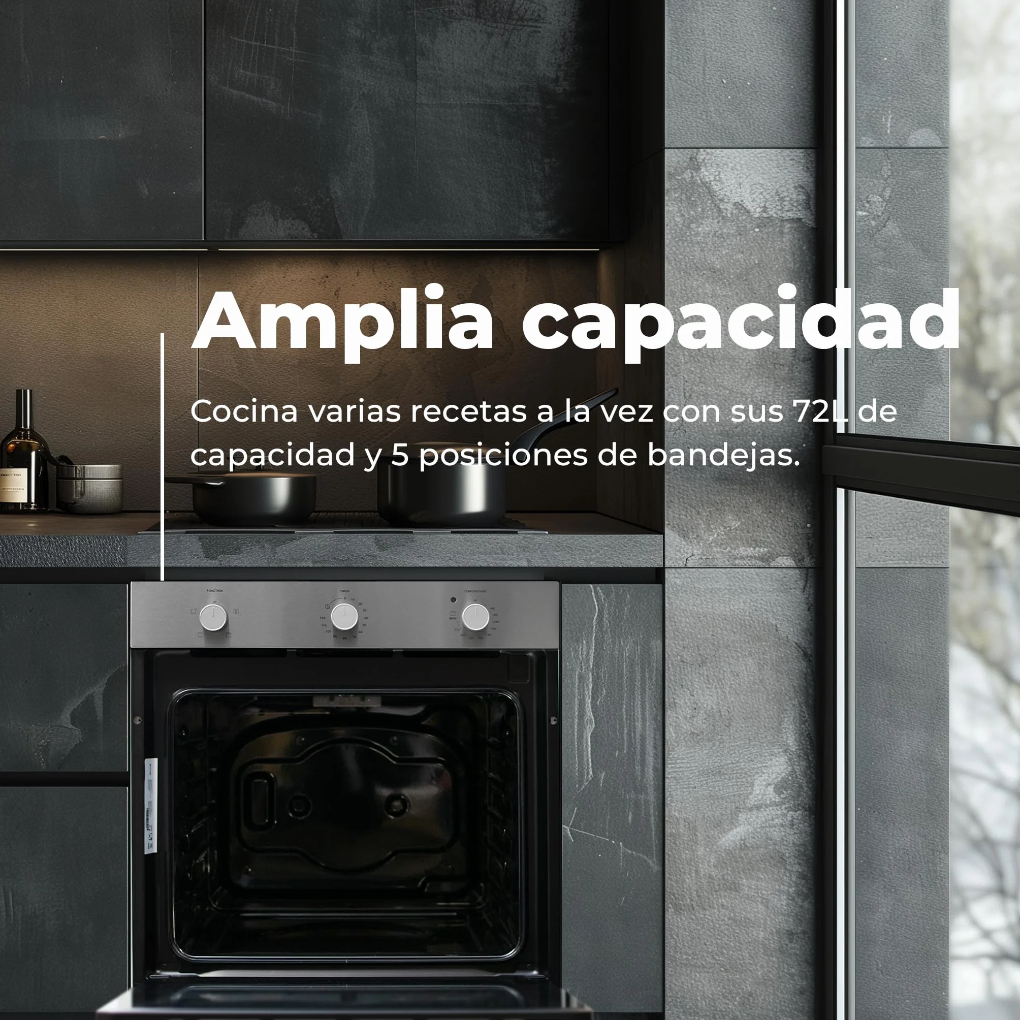 EVVO H10 Inox - Horno Eléctrico Empotrable de 72L, Eficiencia Energética A, 4 Programas de Cocción con Grill, Puerta de Triple Acristalamiento y Temporizador. Horno Inox de Encastre para Cocina