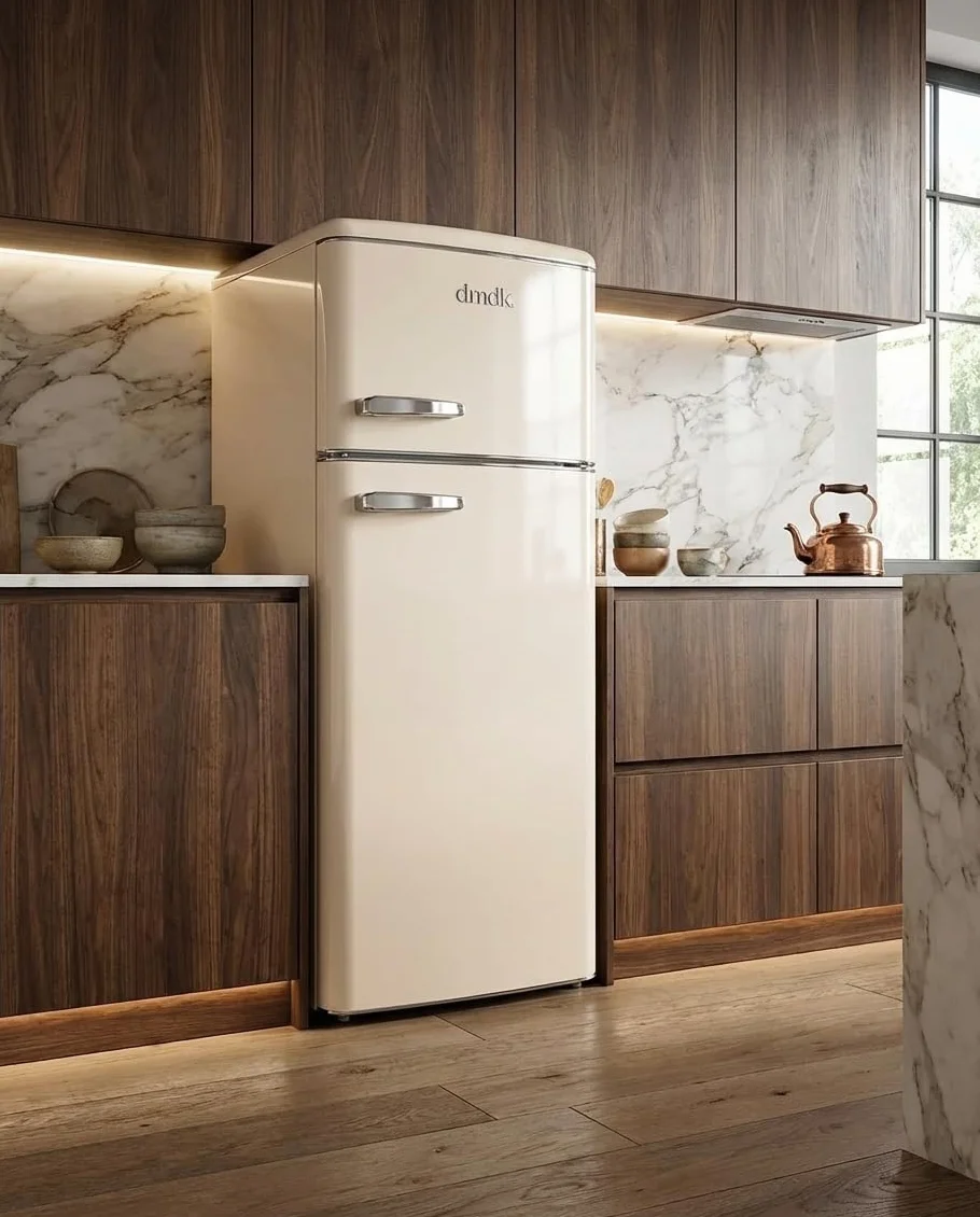 DMDK DKC2 Independiente Refrigerador/Congelador, 206 L Contenido neto, 4 estantes ajustables, bandeja grande para verduras, crema, clase energética E
