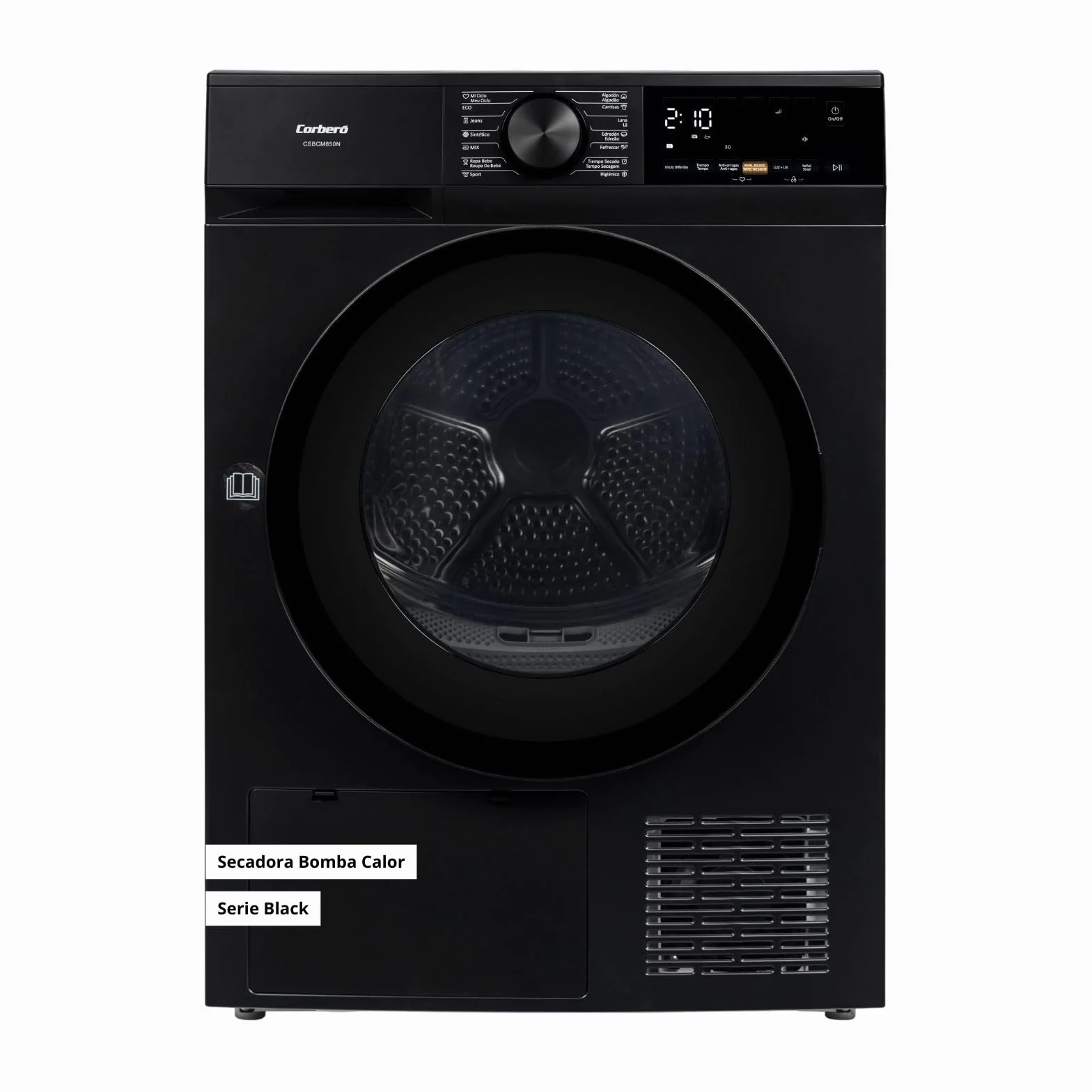 Corberó - Secadora Bomba de Calor Excellence | CSBCM850N | 8 kg | 84,5 x 60 x 59,5 cm | Motor Inverter | 5 Niveles de Secado | Purificación Luz UV | Tambor Inox | 65 dB | Negro | Clase C