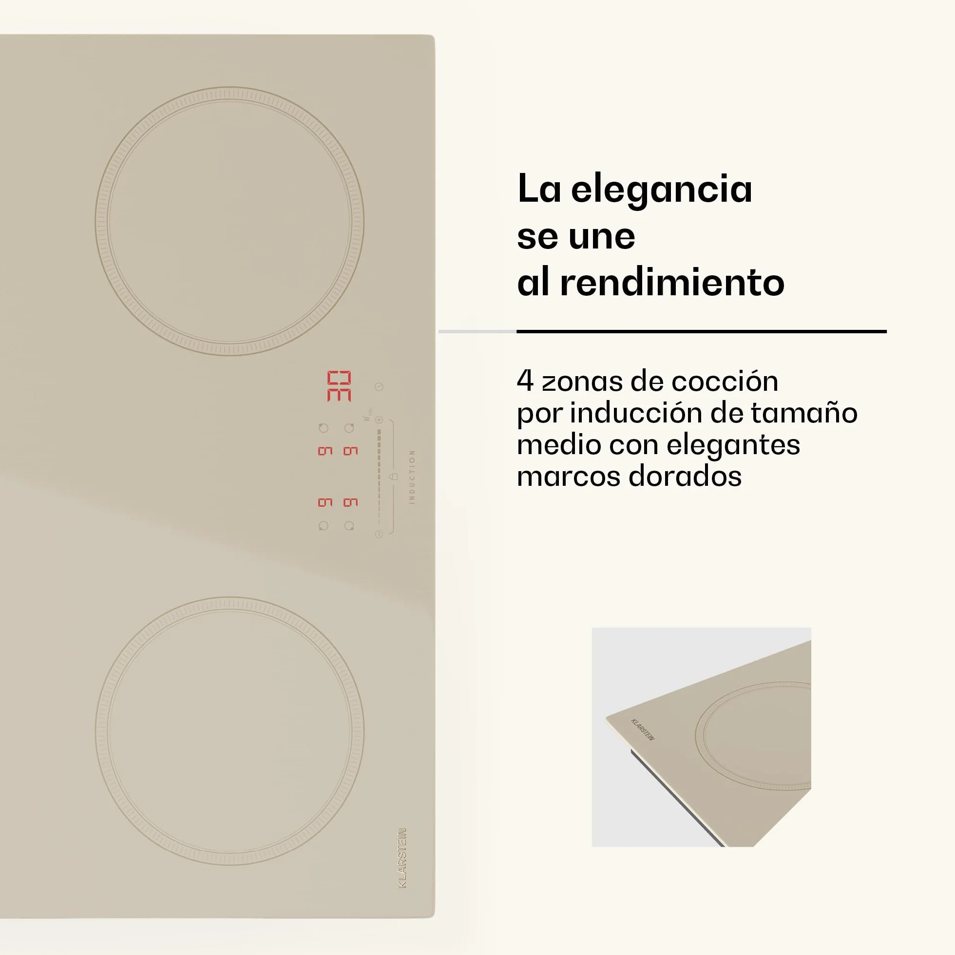 Klarstein Victoria Placa Inducción - 4 Zonas, 7000W Con Potenciadores, Control Deslizante, Temporizador & Bloqueo Infantil, Cristal Cerámico Crema, Diseño Encastrable 59cm