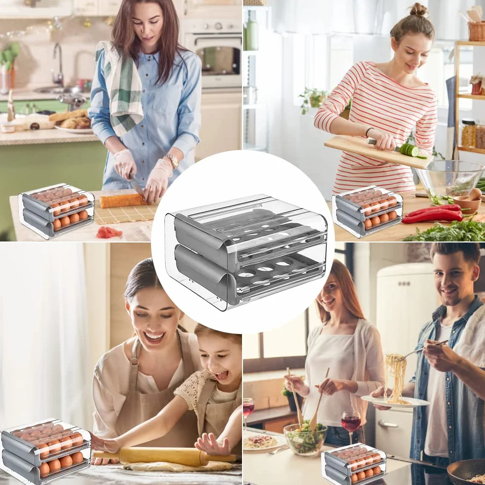 THATSRAD Caja de Huevos para Nevera 32 Rejillas Huevera para Frigorífico Cajón Caja de Almacenamiento para Huevos Bandeja para Huevos Caja Huevos para Refrigerador, Panadería (23,5*21,5*13,5cm, Gris)