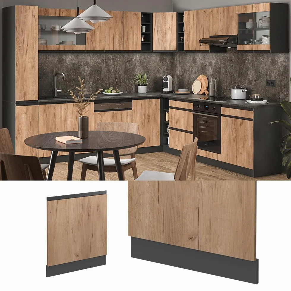 Vicco Panel Frontal del lavavajillas R-Line, Roble Dorado, 60 cm J-Shape sin encimera, para combinación Libre Dentro de Sistemas de Cocina modulares