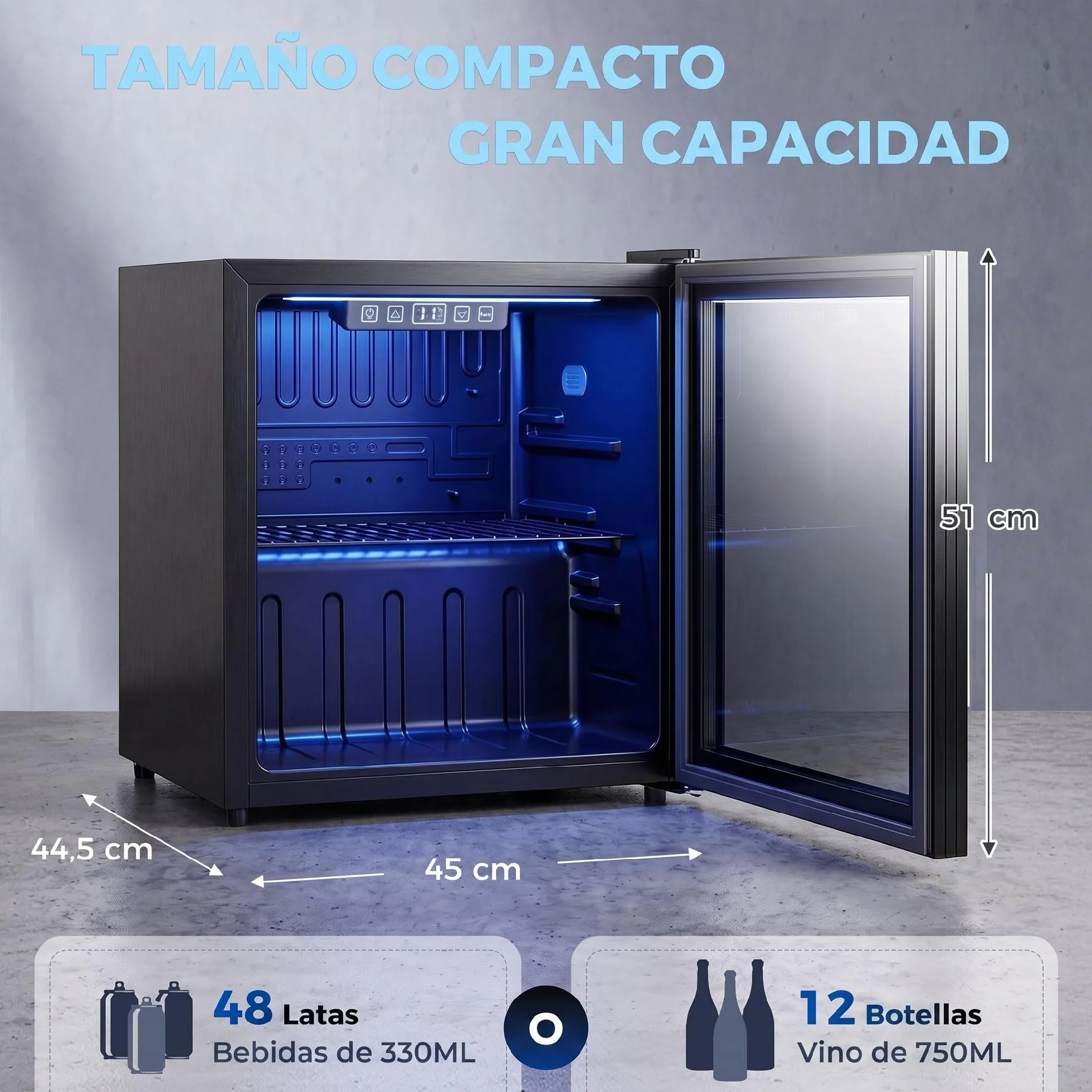 HOMCOM Frigorífico de Bebidas 50 L, Mini Nevera con Puerta de Vidrio Doble, Iluminación LED, Estante Ajustable, 2-18℃, para 48 Latas, Nevera Pequeña para Refrescos, Cerveza y Vino