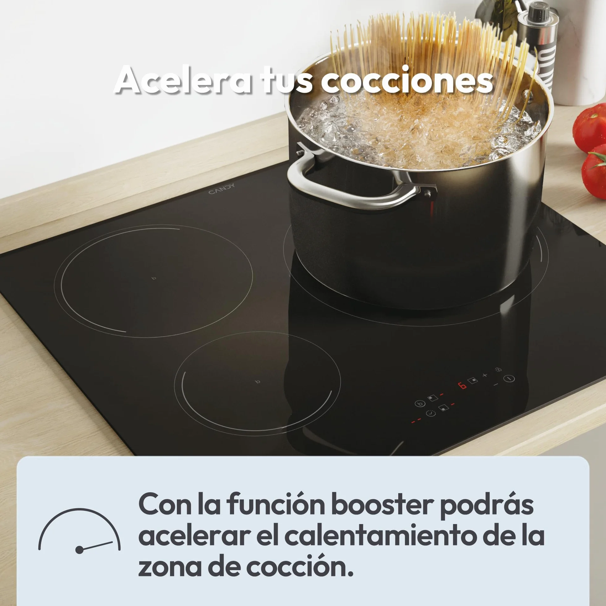 Candy CI633C/E14U, Placa Inducción, 3 Zonas, 60CM, 9 Niveles de Potencia y Booster, 7,2KW, Mandos Centrales, Indicador de Calor, Bloqueo de Seguridad, Alerta Sobrecalentamiento y Derrames, Negro