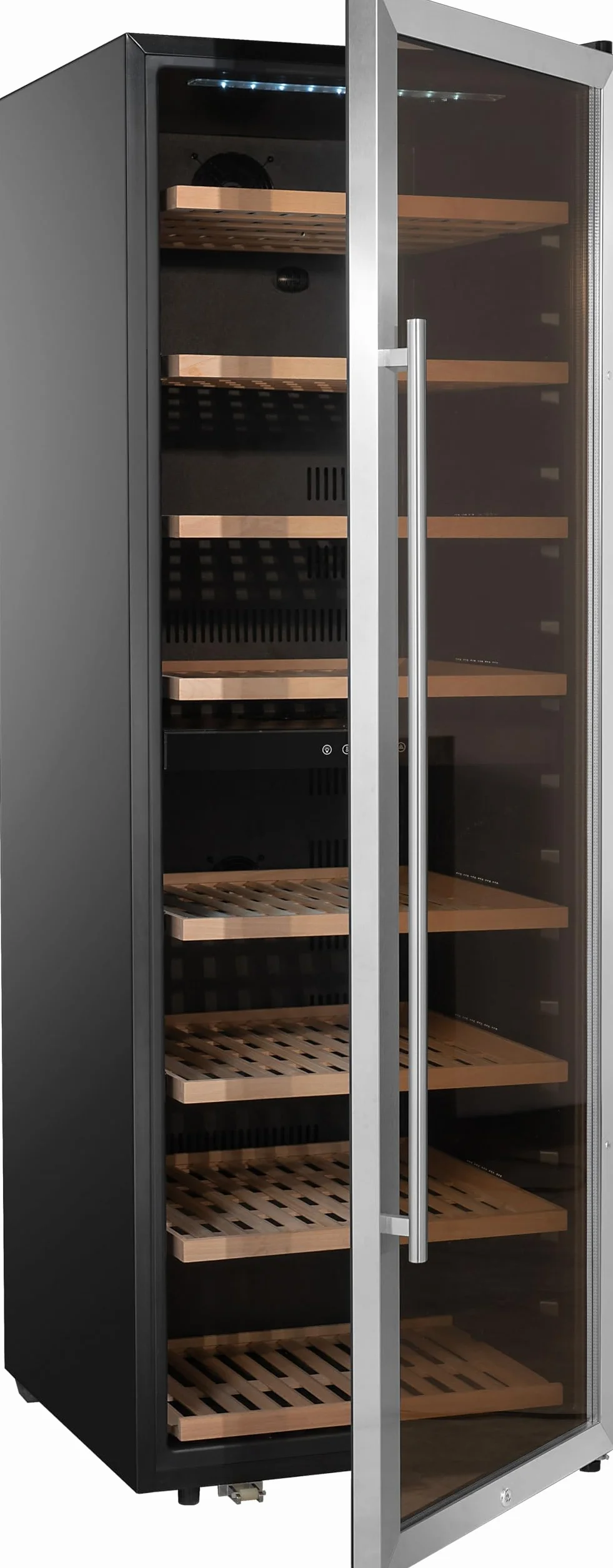 METRO Professional Vinoteca GWC1171D, acero inoxidable/vidrio, 8 estantes de madera, termostato digital, para 171 botellas de vino, con cerradura, negro/plateado